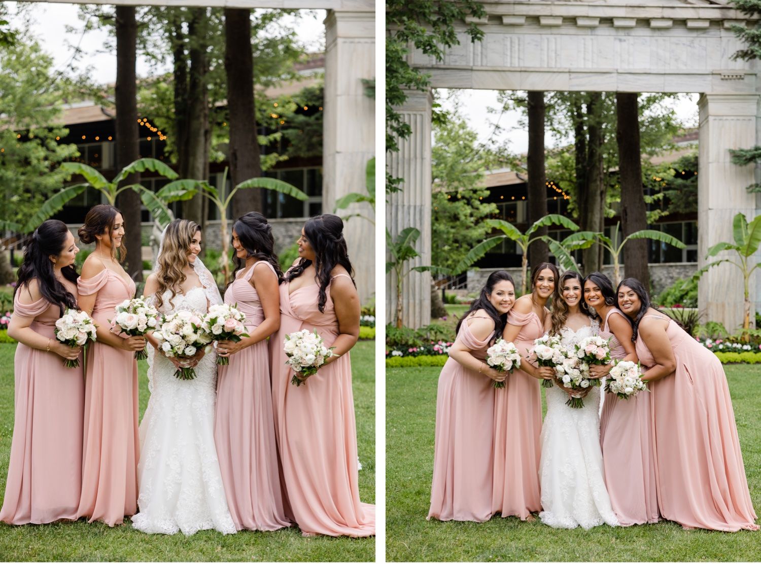 Candid wedding photos showing bridal party in pink dresses laughing together under white columned structure.