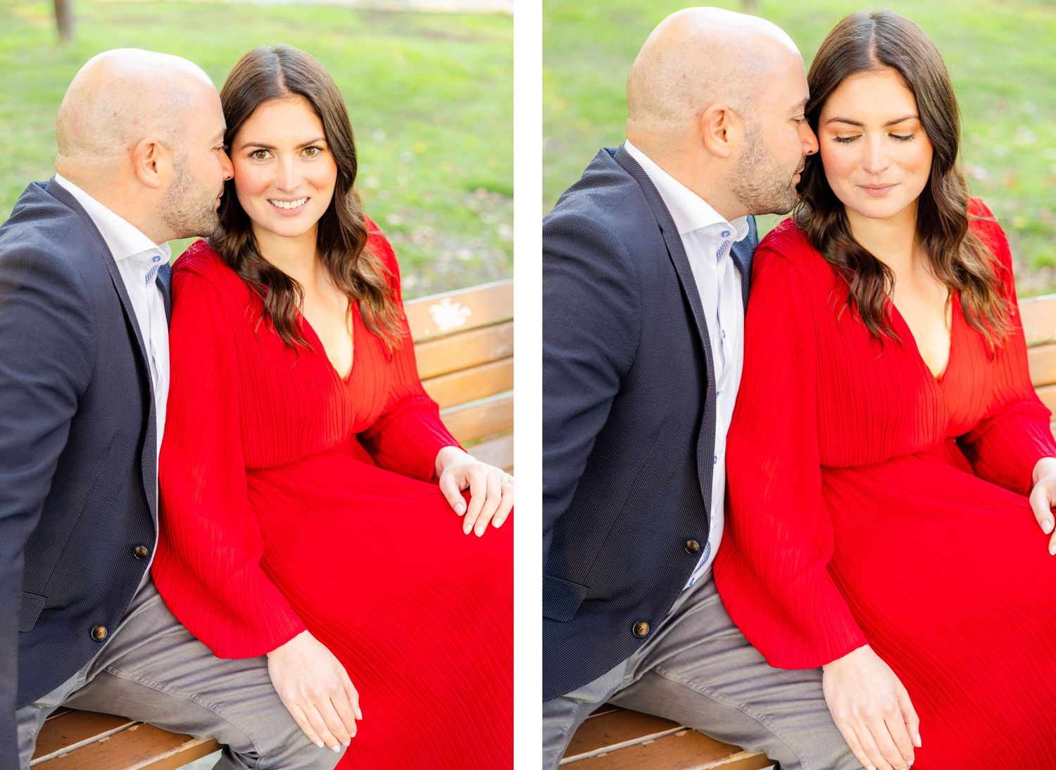 Couple sharing an intimate moment while sitting on wooden bench in outdoor setting, she wearing vibrant red dress.