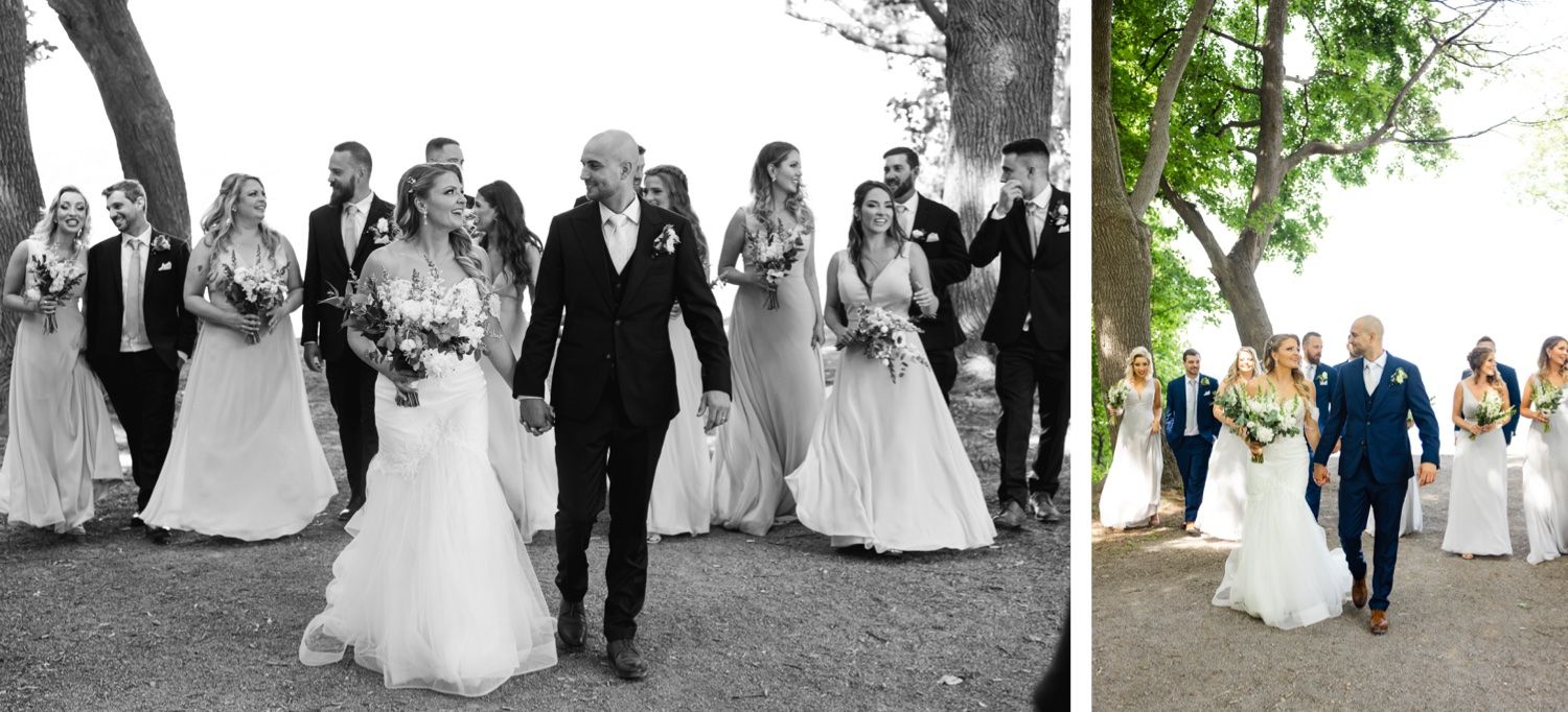 Wedding party walking together outdoors during celebration in black and white and color split view.
