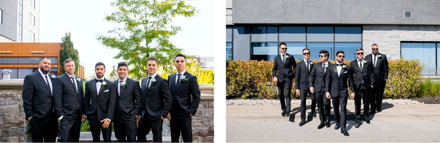 Wedding party in dark suits posing outdoors in both casual and formal group shots.