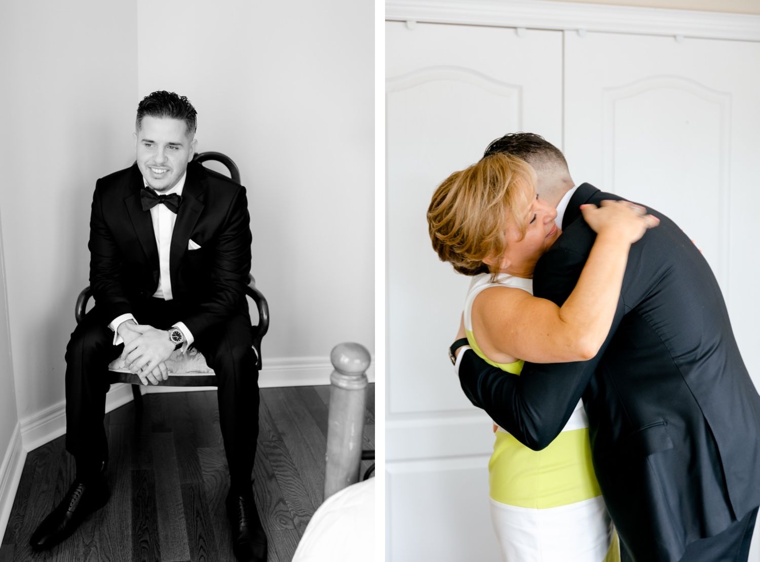 Wedding day moments captured in black and white with emotional embraces.