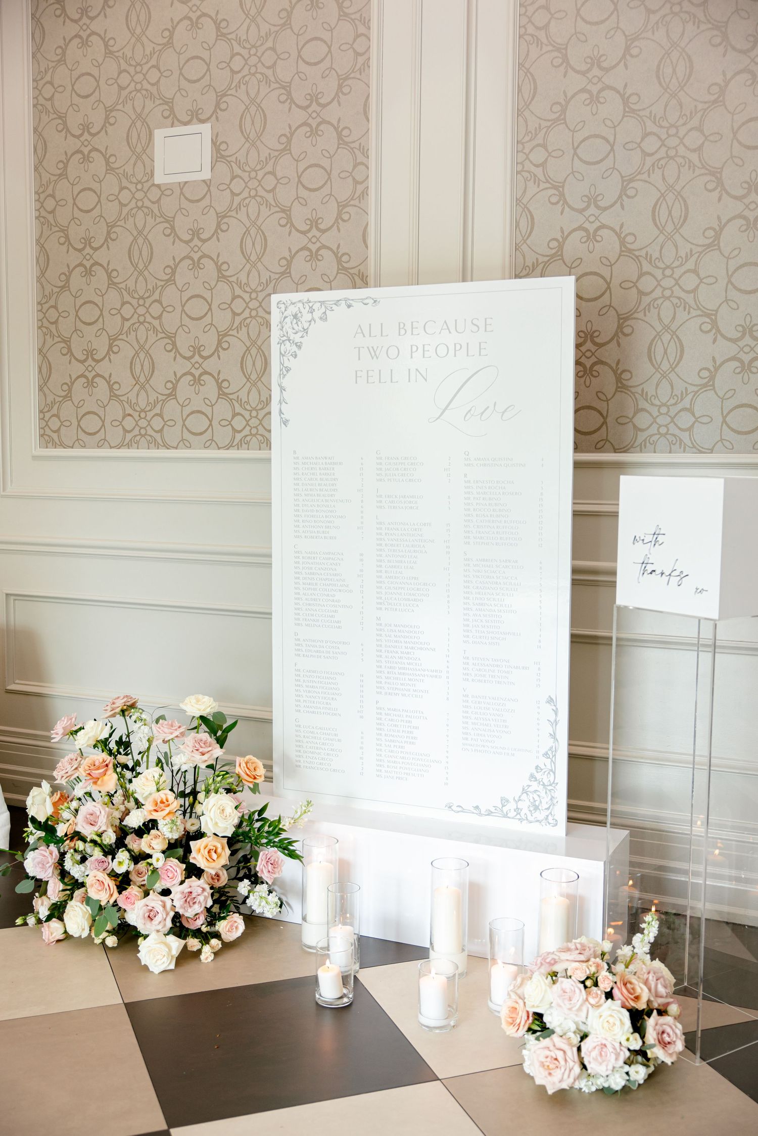 Wedding seating chart with blush floral arrangements and white candles against damask wallpaper.