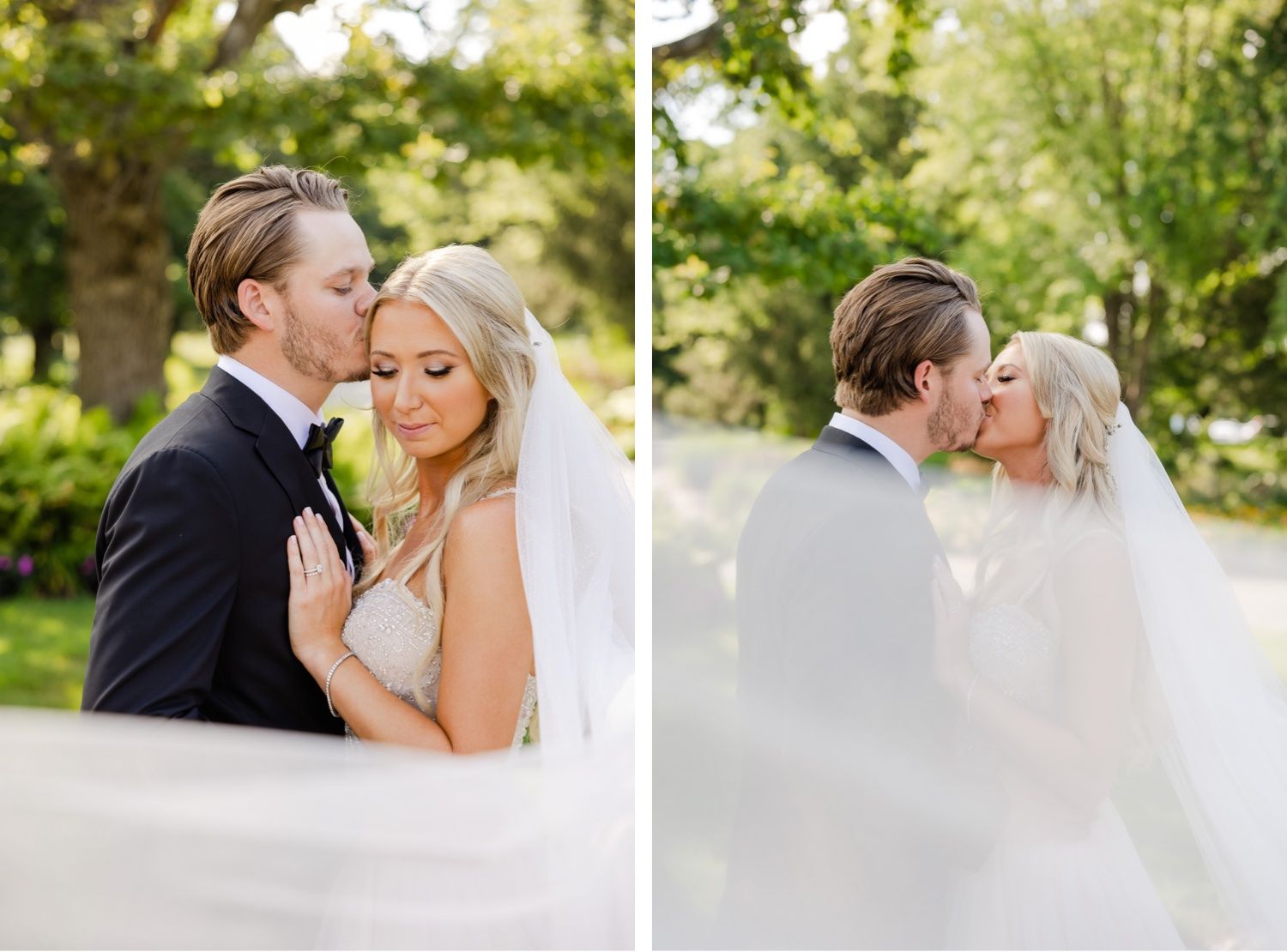 Side-by-side wedding portraits capturing intimate moments between the couple in a garden setting.