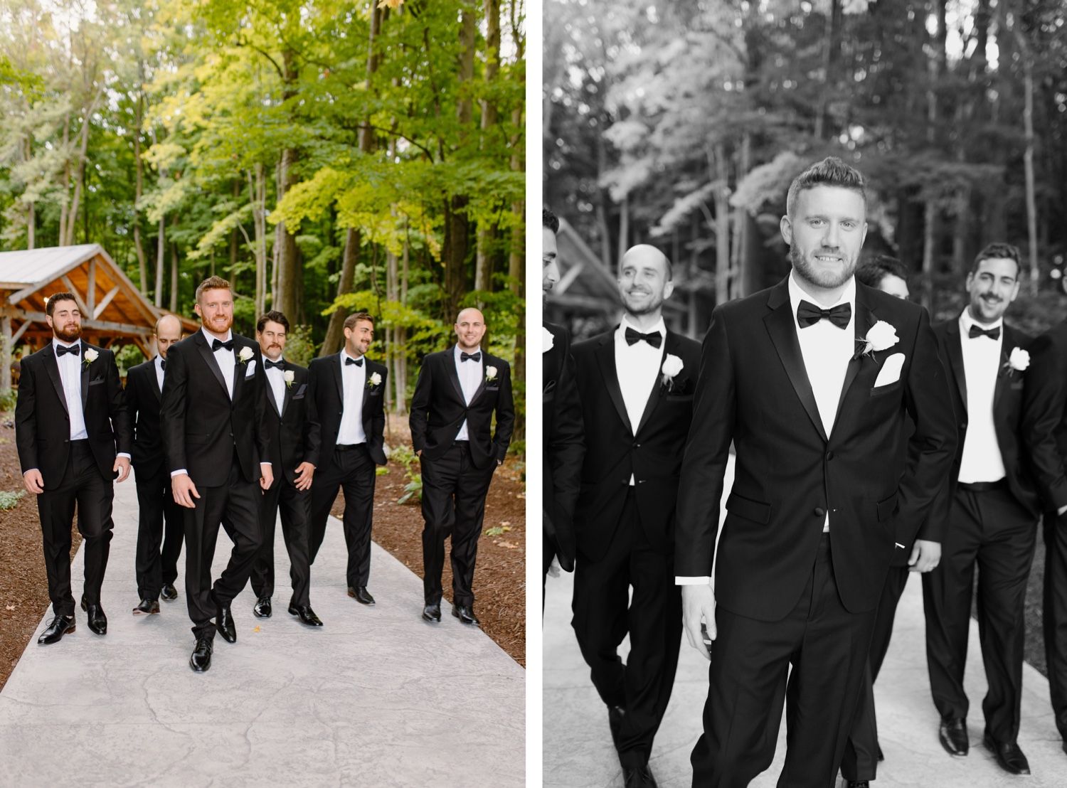 Groomsmen walking together along a path through autumn trees shown in both color and black and white.
