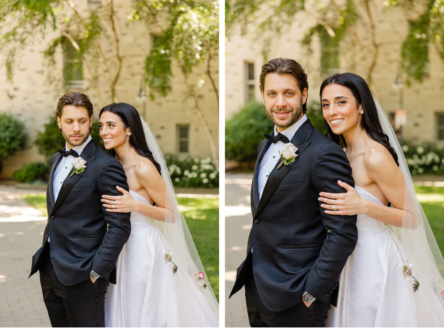 Side-by-side wedding portraits of newlyweds in formal attire posing in a garden setting.