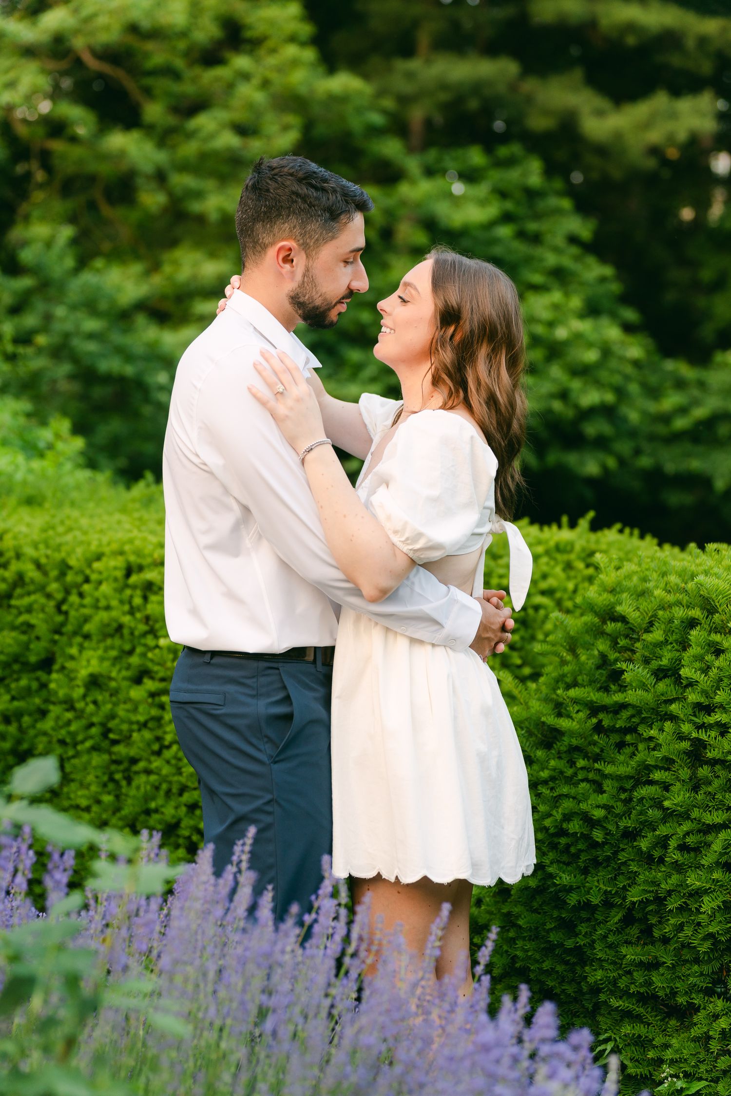 Romantic couple embraces in a garden with blooming lavender and manicured hedges.