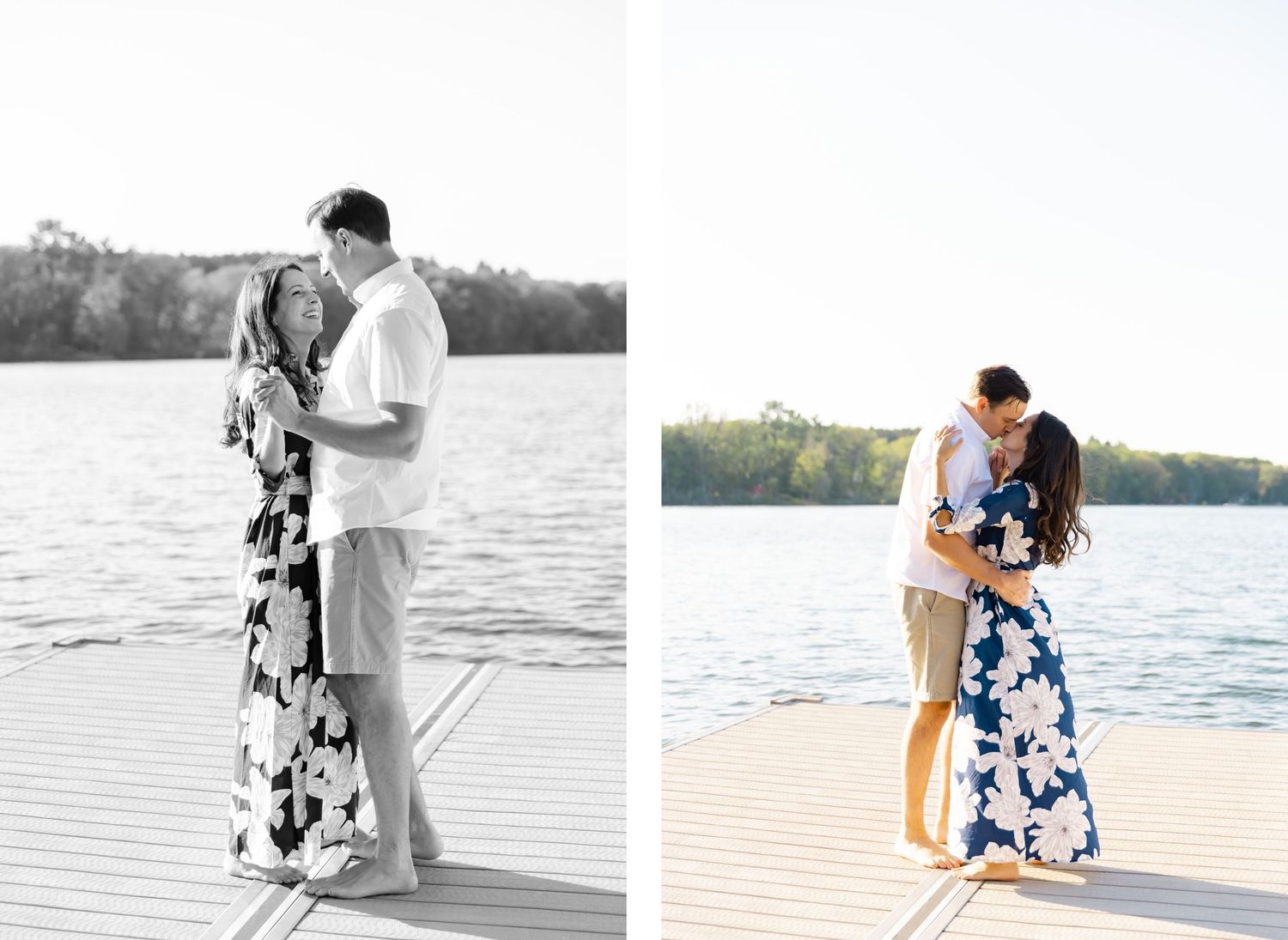 A couple shares an intimate moment on a dock, captured in both color and black and white.