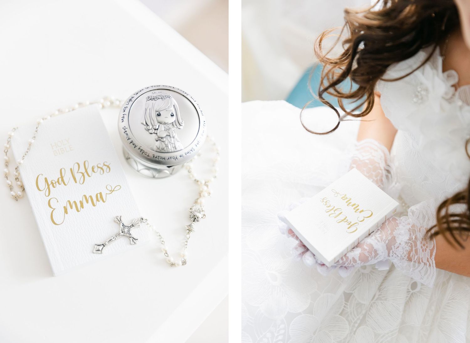 Wedding details flatlay with gold calligraphy and pearl accessories next to flowing white fabric.