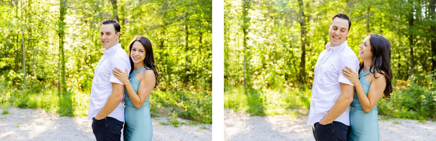 Playful couple portraits taken in a bright woodland setting with natural bokeh background.