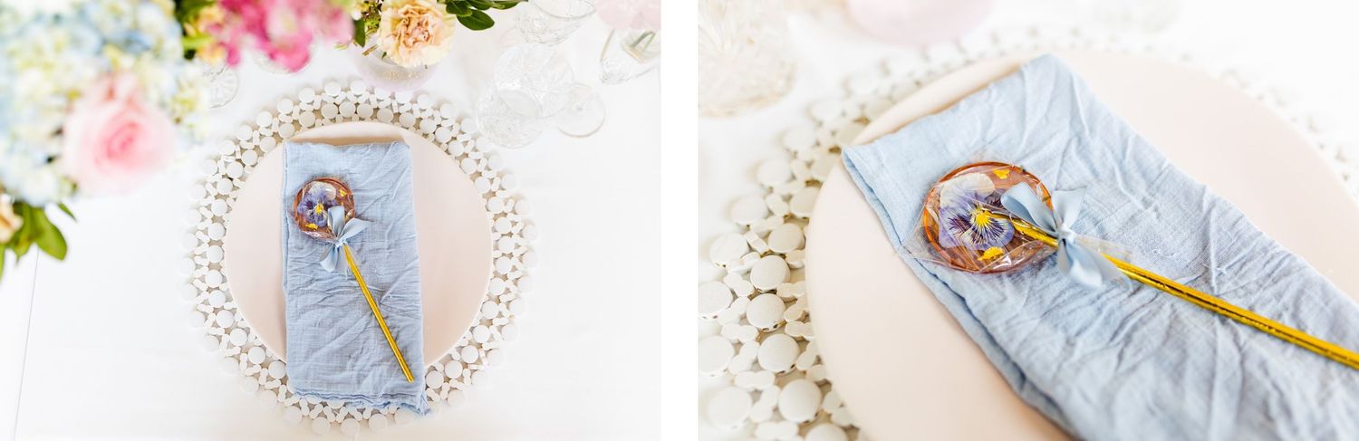 Delicate blue and white place settings with decorative doilies and vintage-style accessories.
