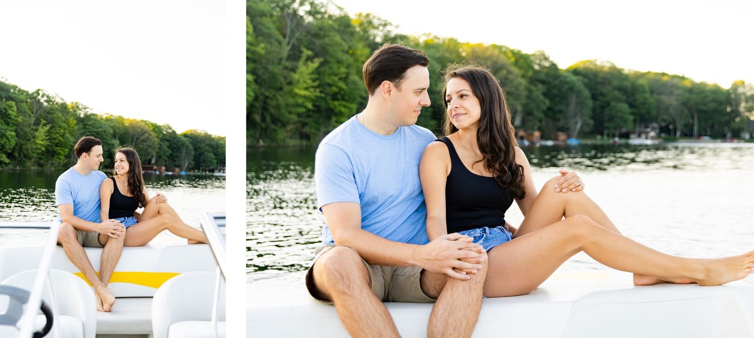 Two photos showing a couple enjoying time together on a boat during sunset.