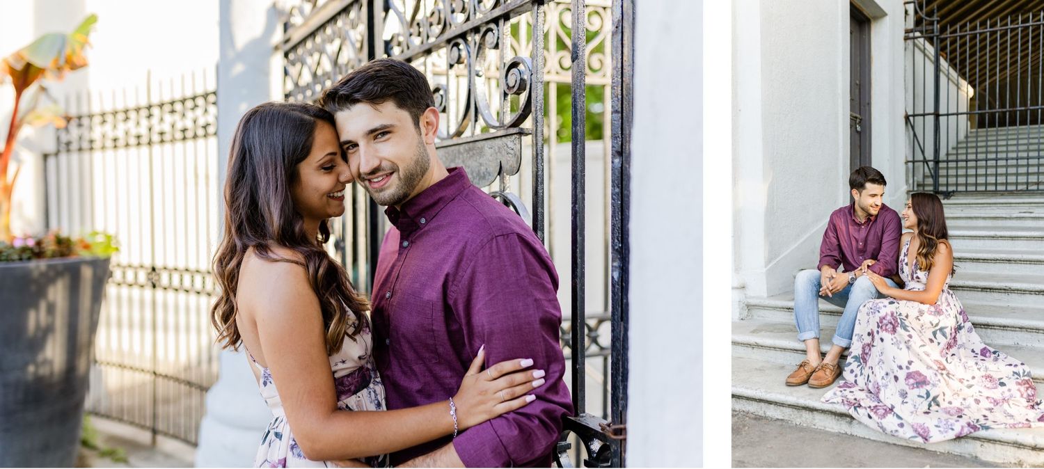 Romantic couple in coordinating outfits embracing by decorative iron gates.