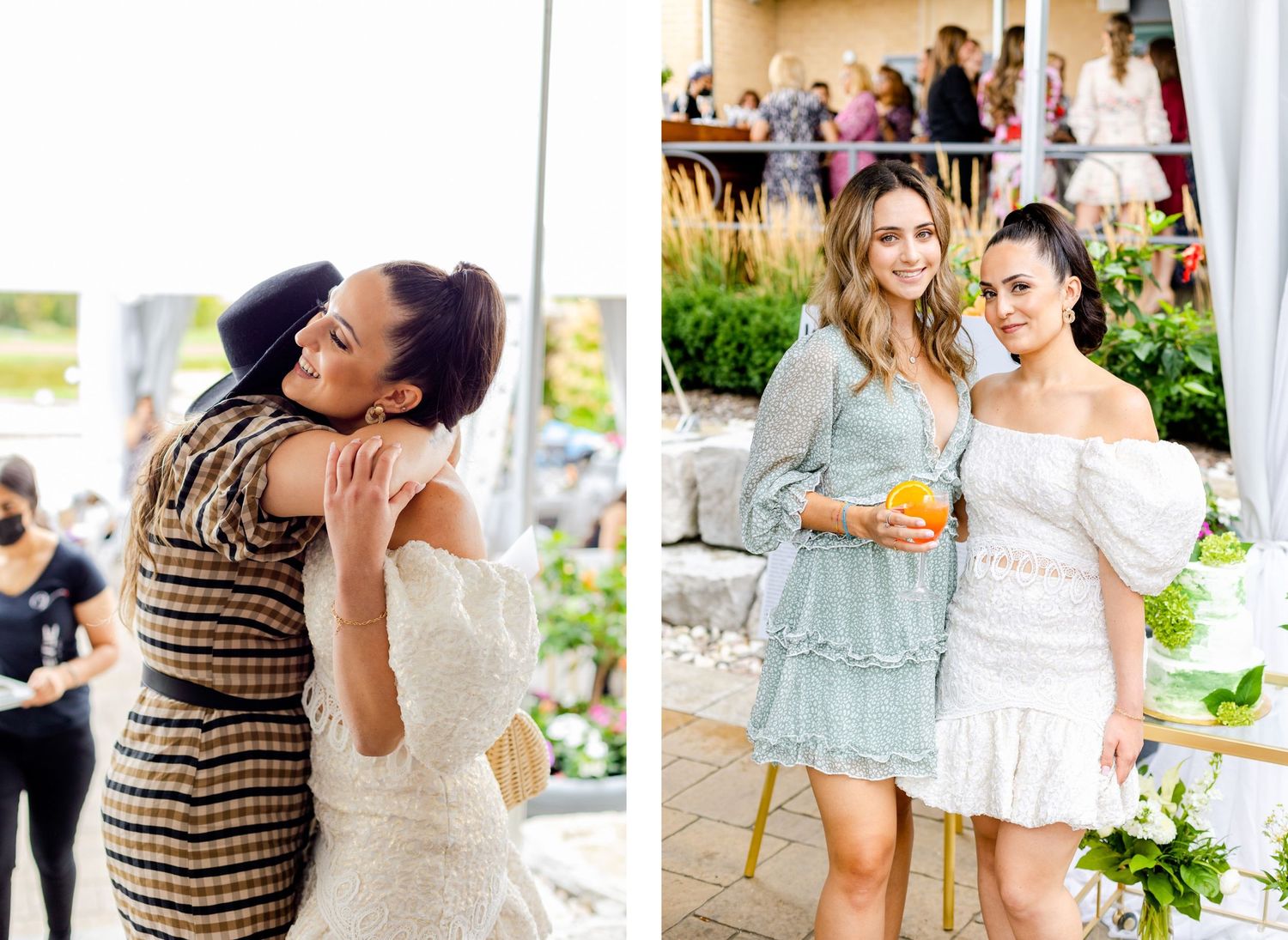 Two people in summer dresses enjoying a celebration at an outdoor venue.