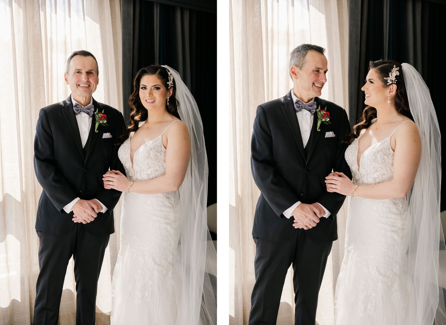 Side by side candid wedding portraits showing joyful moments in natural window light.