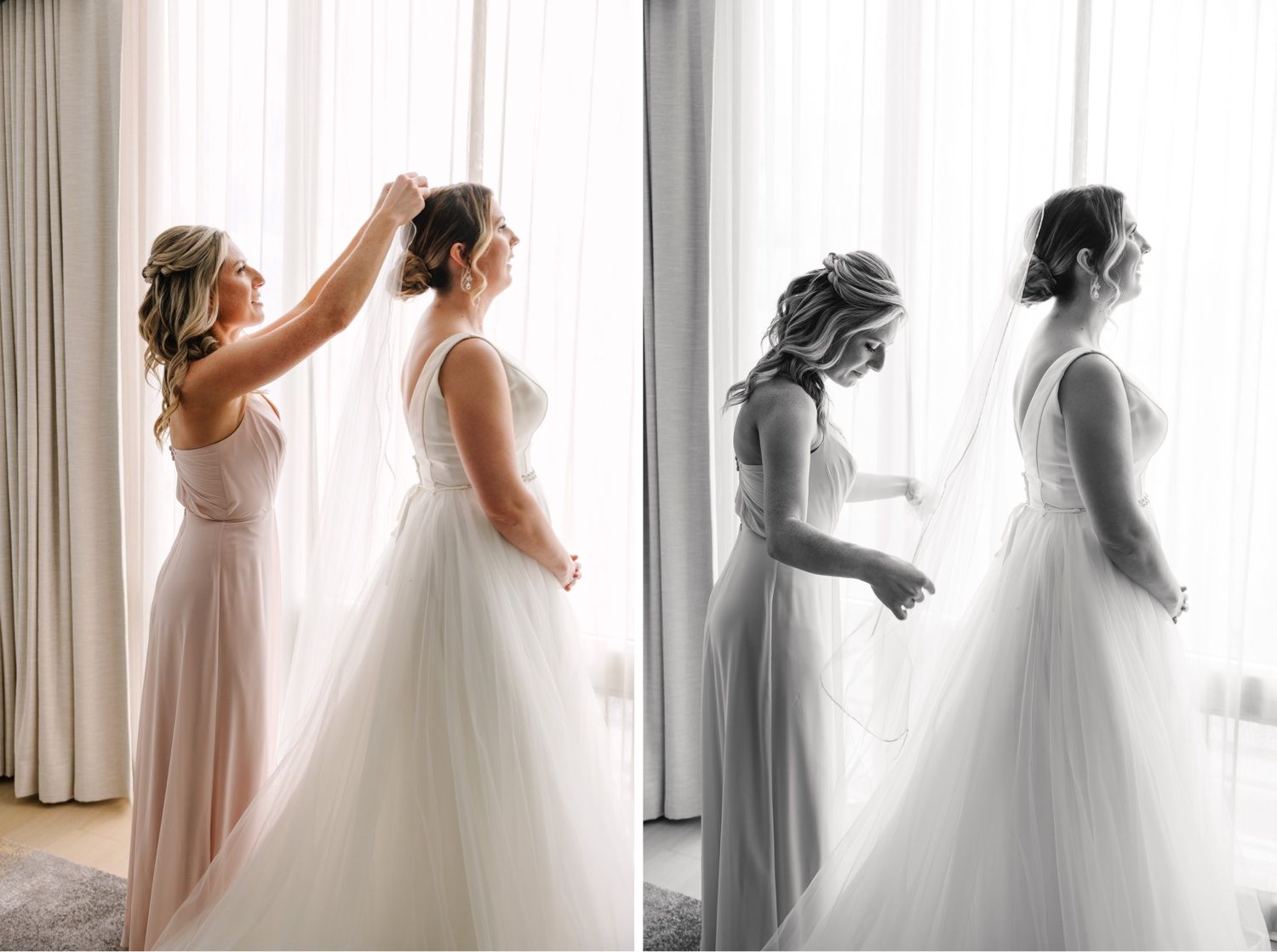 A bridesmaid in pink helps adjust the wedding dress in a sunlit room shown in color and black and white.