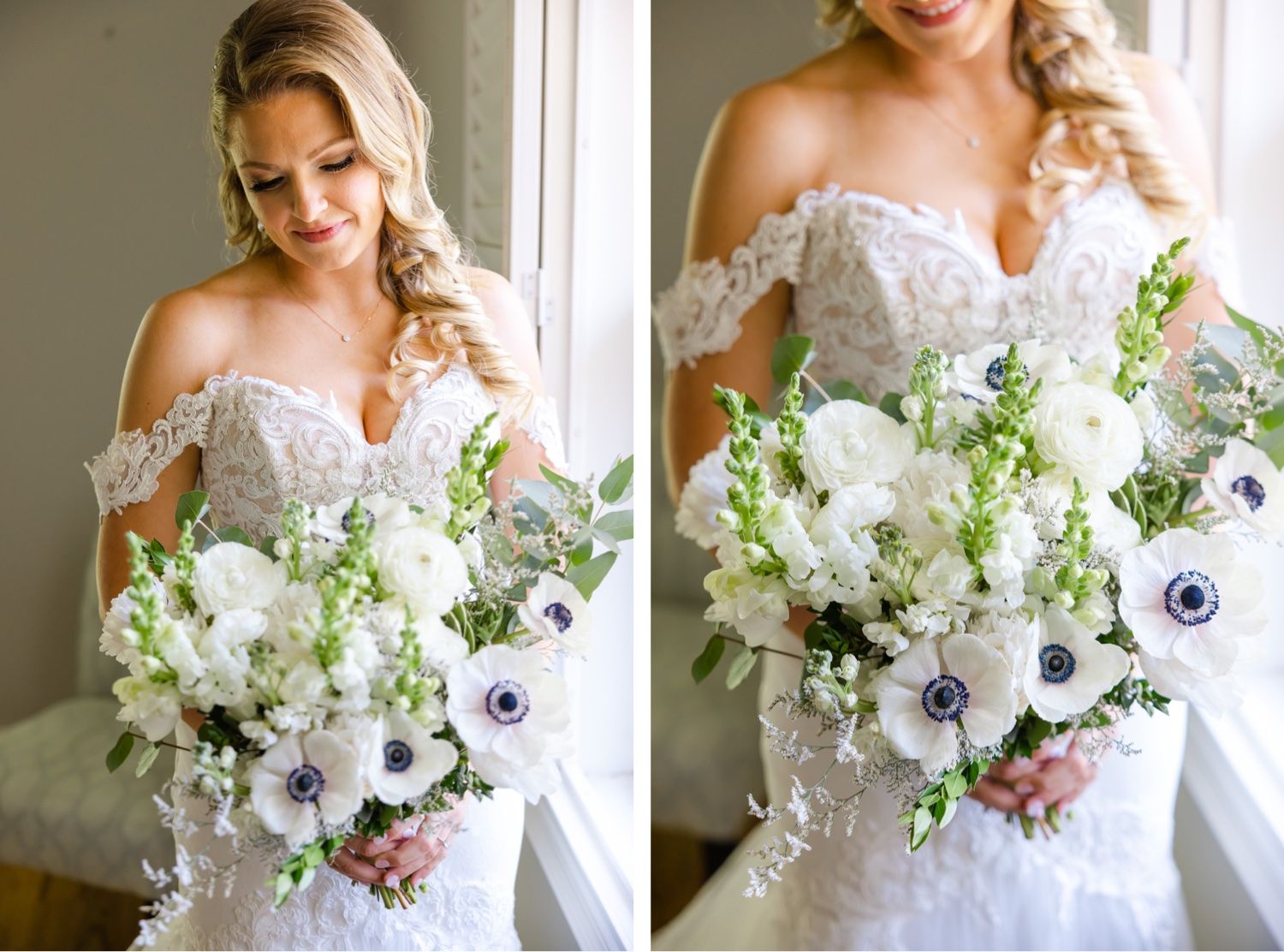 Two elegant bridal portraits showcasing an off-shoulder lace gown and white anemone bouquet.