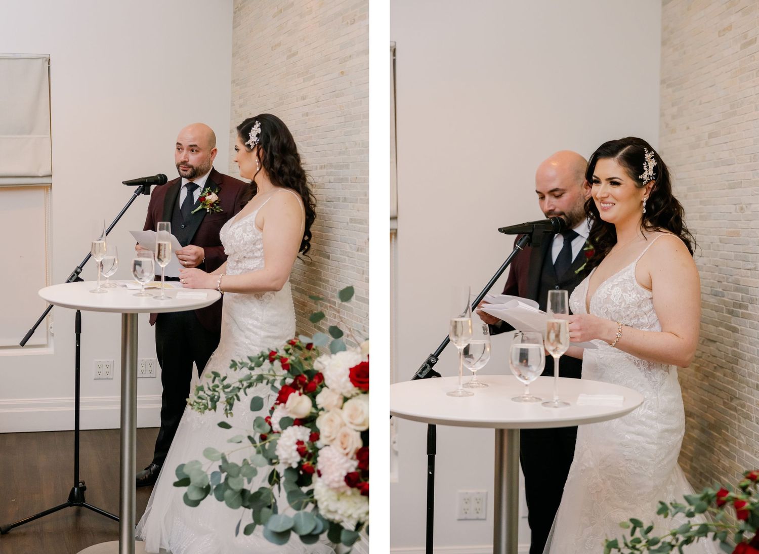 Wedding couple giving speeches at a decorated podium during their reception.