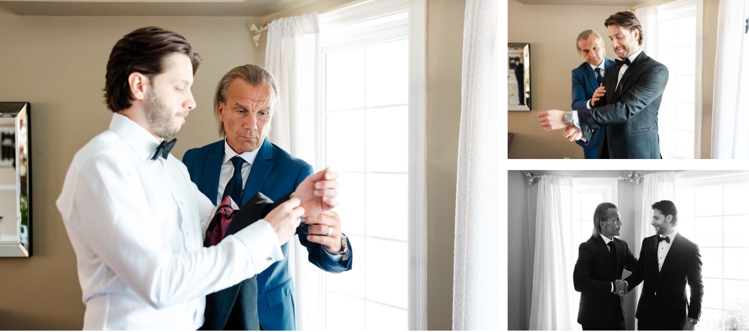 Multiple angles of wedding preparation showing formal attire adjustments.