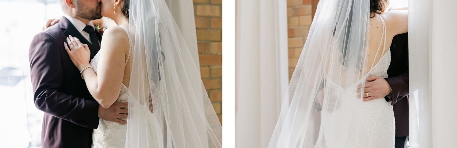 Romantic wedding portraits showing a couple embracing near a window.