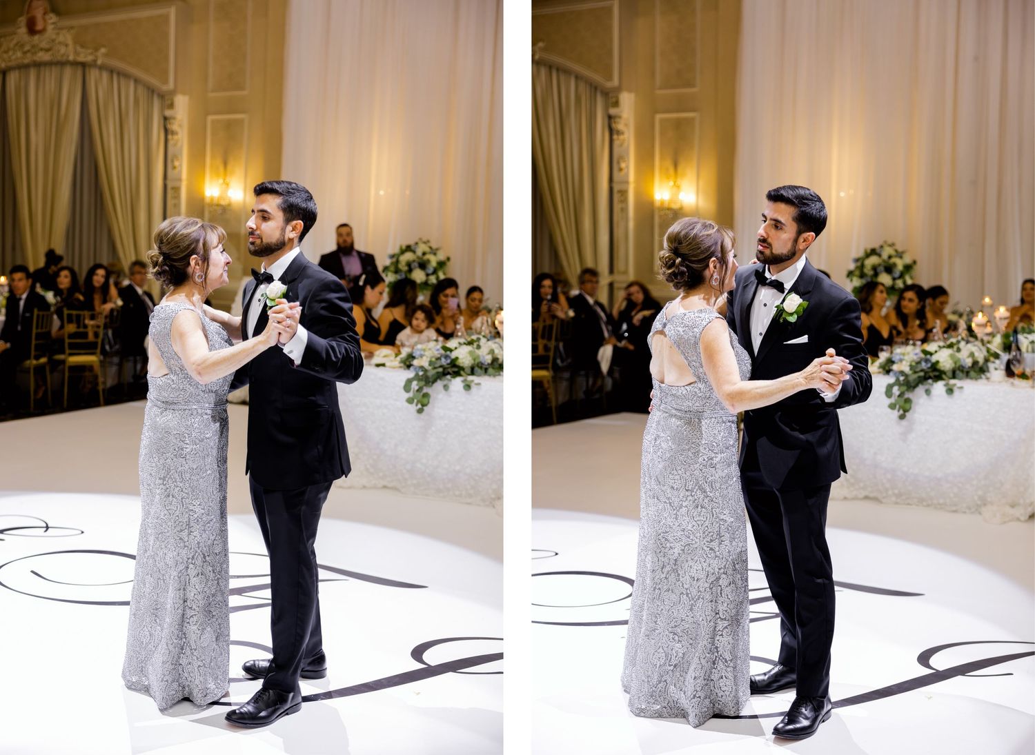 A couple shares an elegant dance at their wedding reception in a beautifully decorated ballroom.