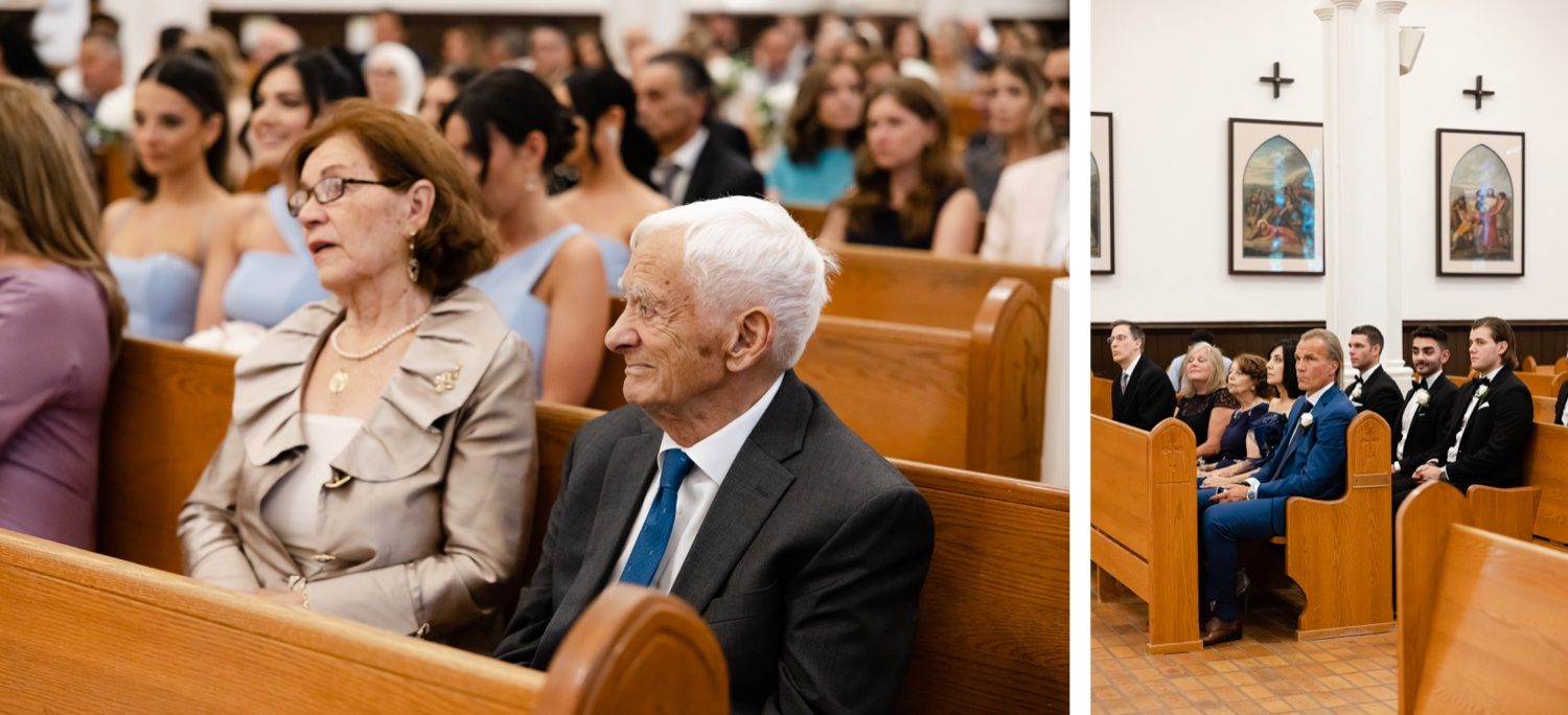 Wedding guests seated in church pews during a traditional ceremony service.