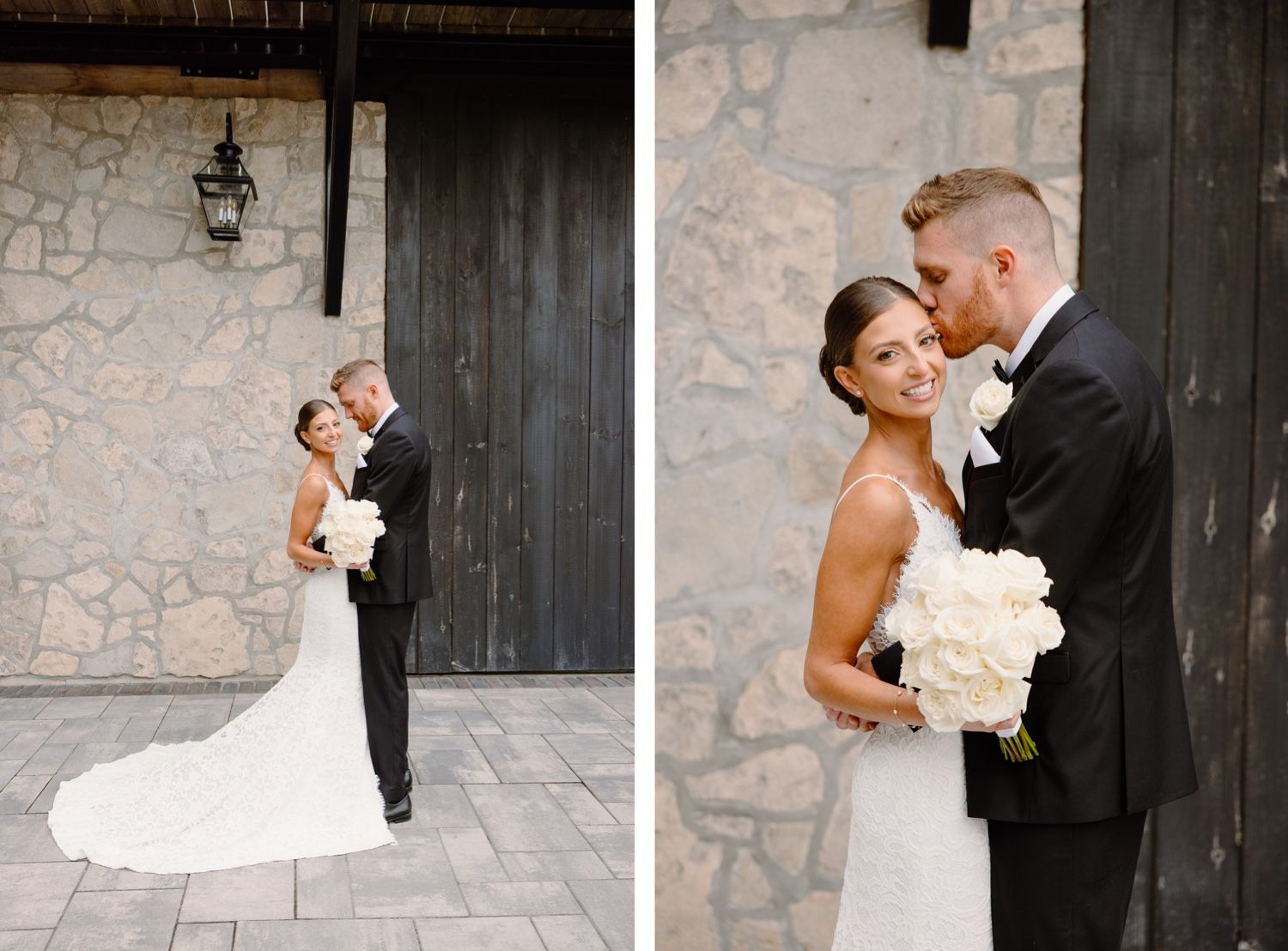 Side-by-side romantic wedding portraits against rustic architectural elements.