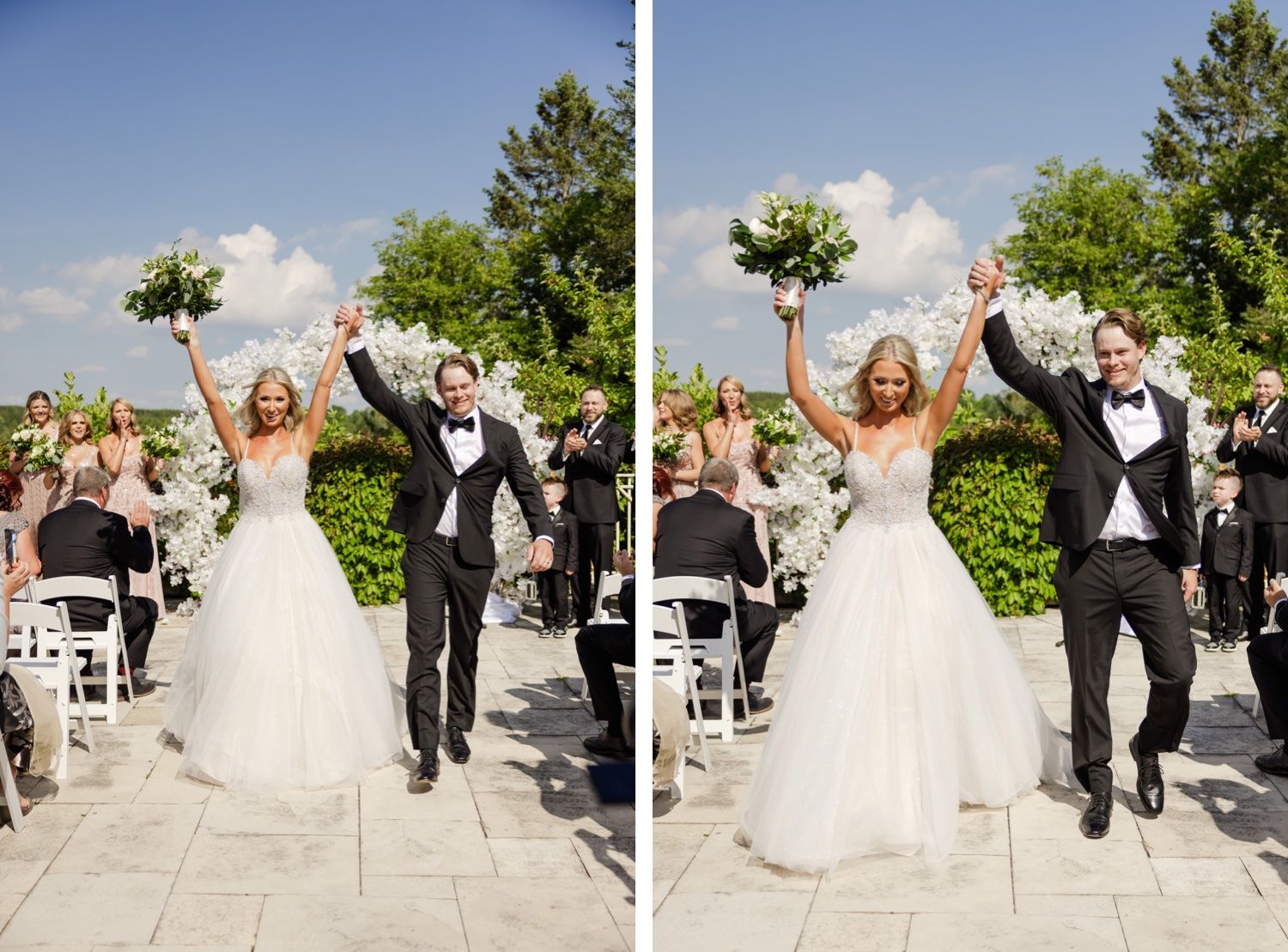 Side-by-side photos of newlyweds celebrating with joy as they exit their ceremony.