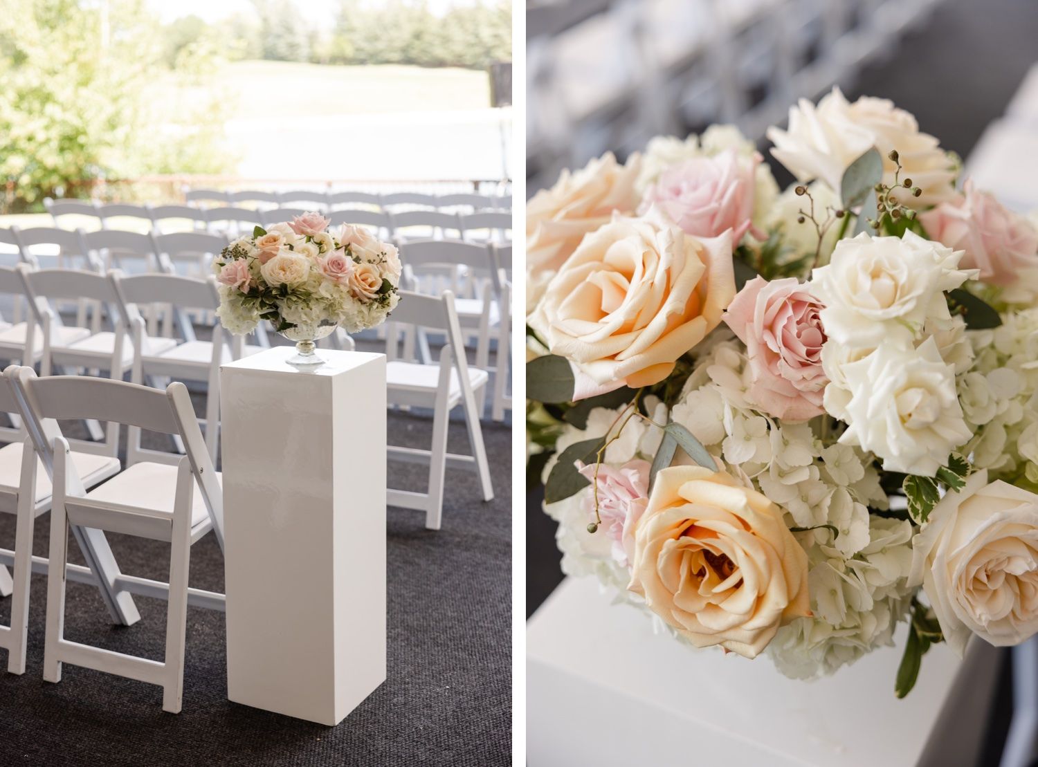 Beautiful pastel floral arrangements with pink and peach roses on white pedestals next to folding chairs.