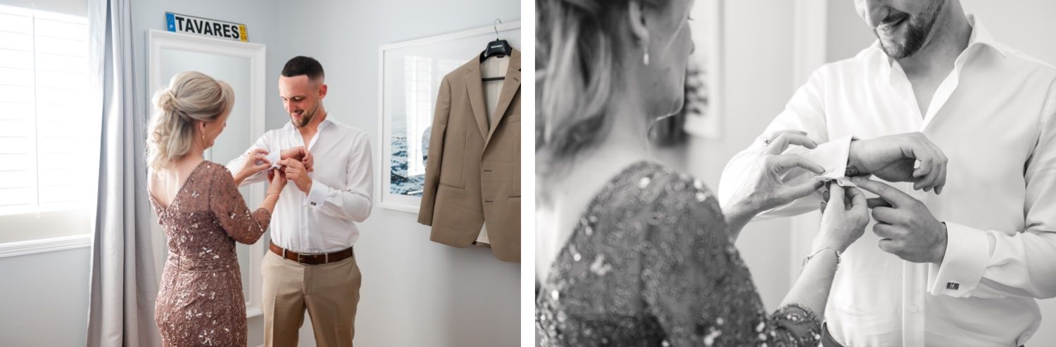 Side by side wedding preparation photos in black and white and color.