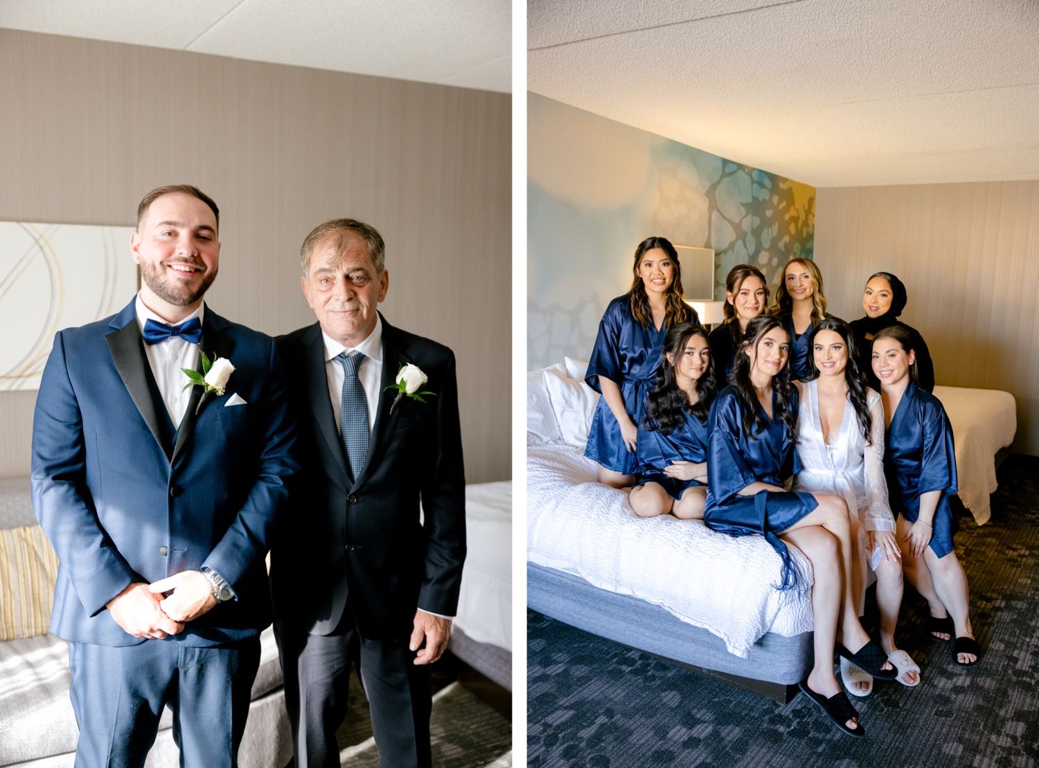 Split photo showing formal wedding party portraits and bridesmaids in blue robes relaxing on a bed.