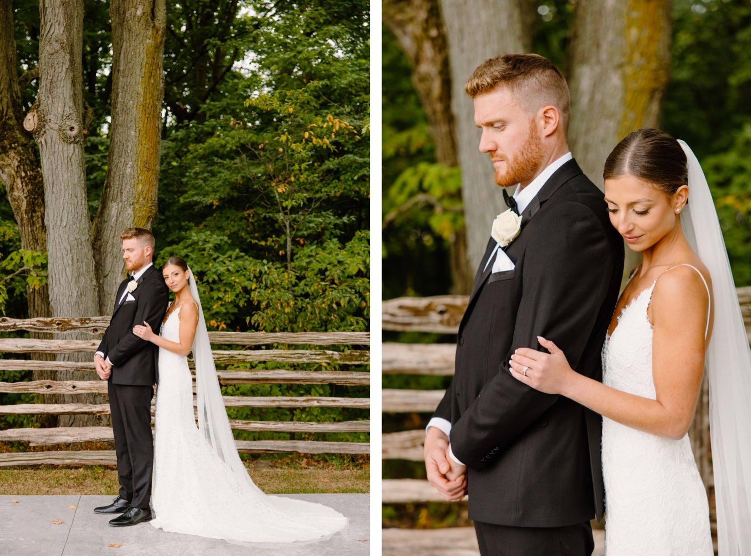 Two wedding portraits taken in front of wooden fence rails and tall trees in natural lighting.