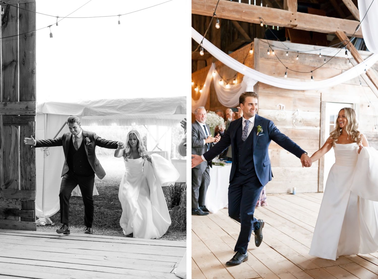Dancing and celebration in rustic barn venue at wedding reception.