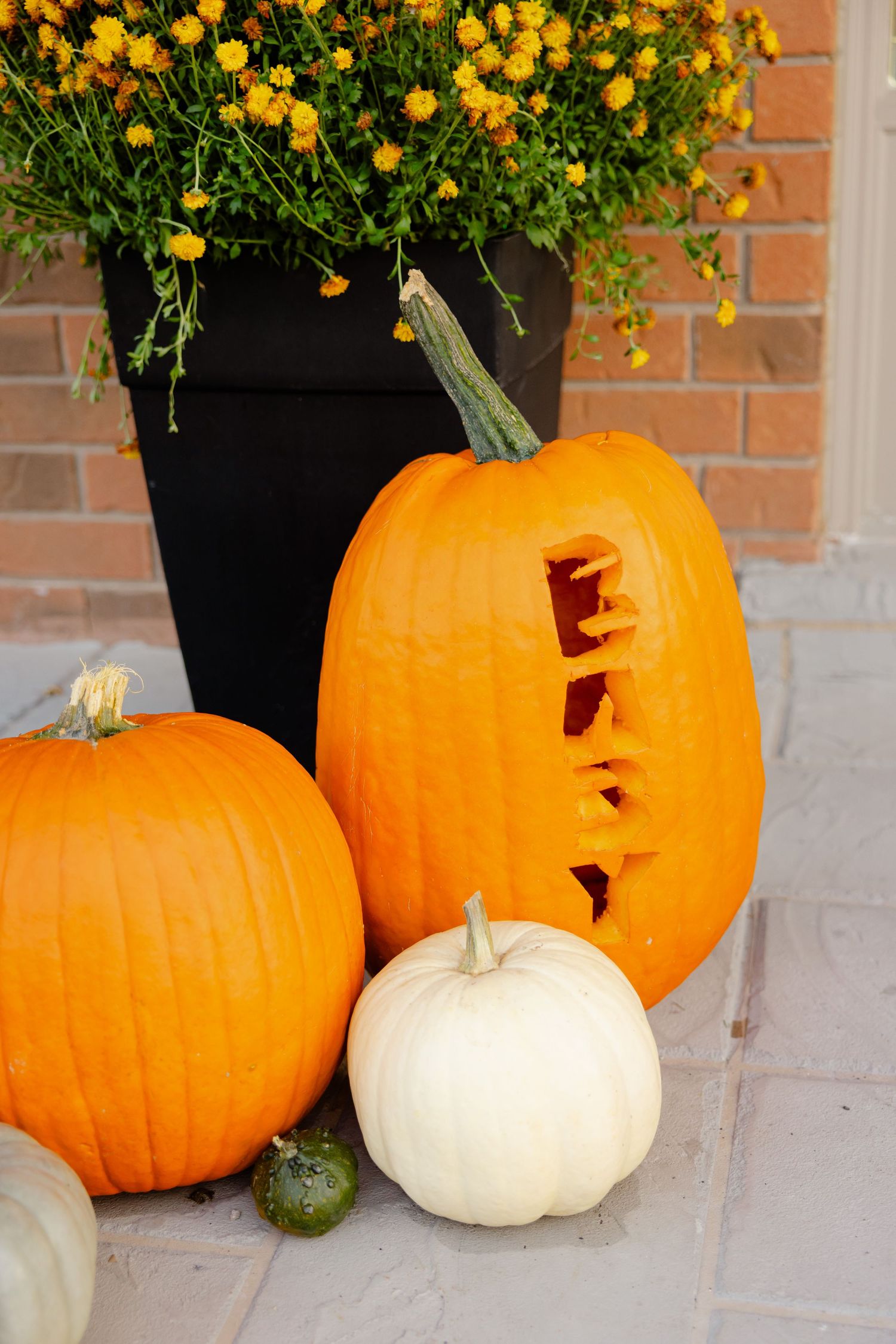 Orange and white pumpkins arranged on a porch with a carved Halloween pumpkin and yellow mums in a black planter.