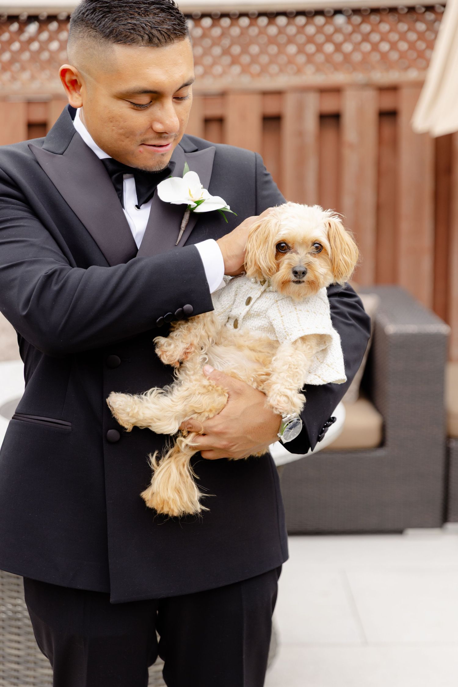 A person in a black suit holds a small cream-colored dog in a series of tender moments.