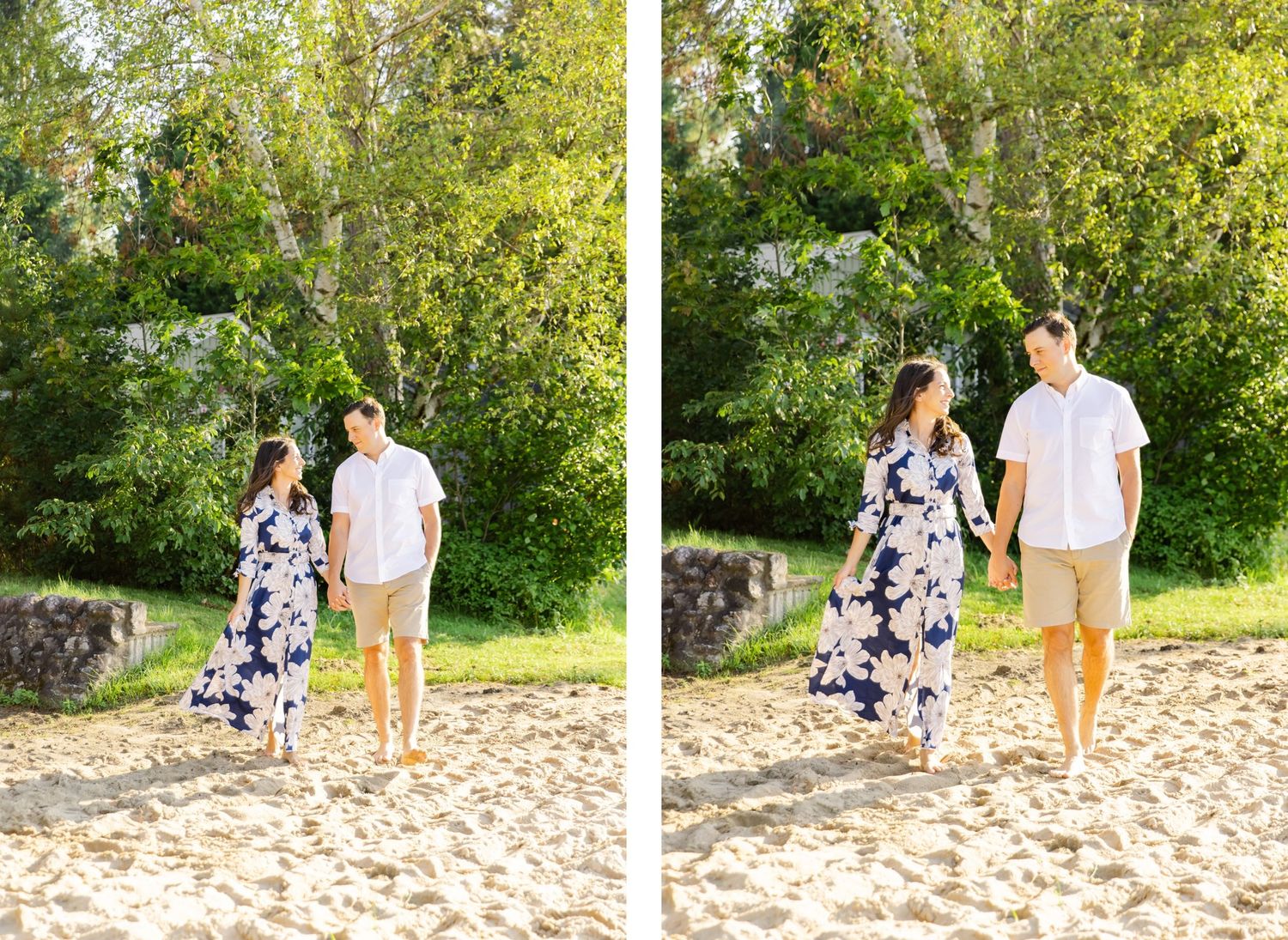 Diptych of a couple walking barefoot on a beach path surrounded by greenery.