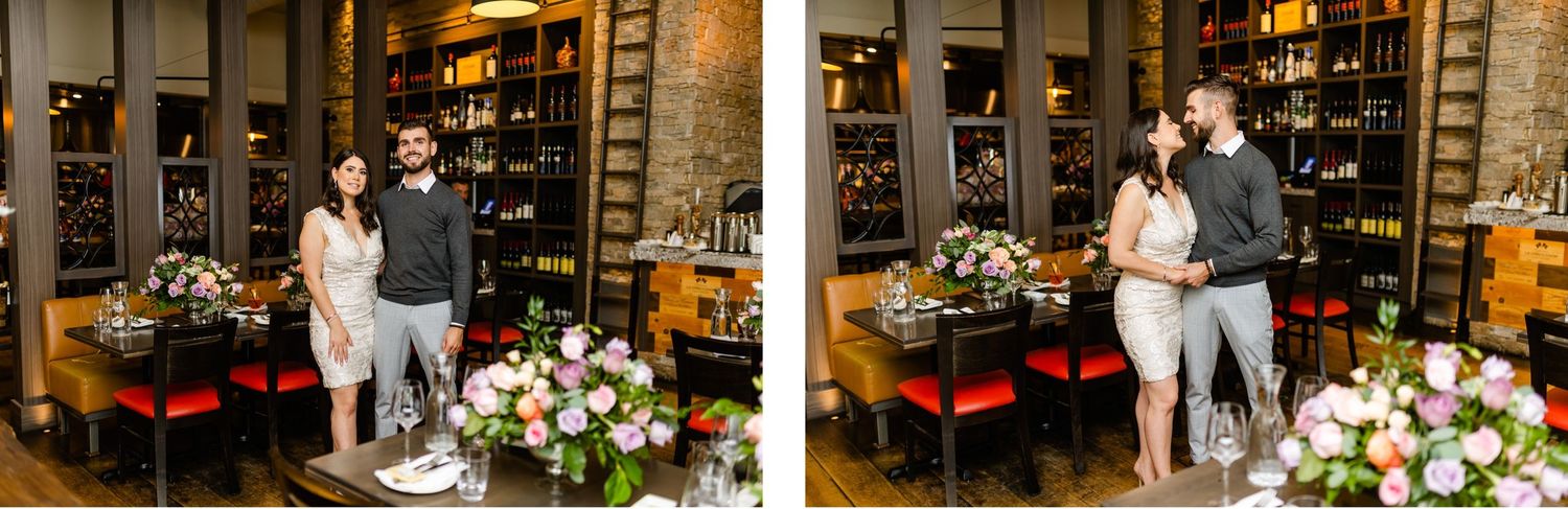 Two-photo series of couple posing in rustic wine cellar with floral decorations.