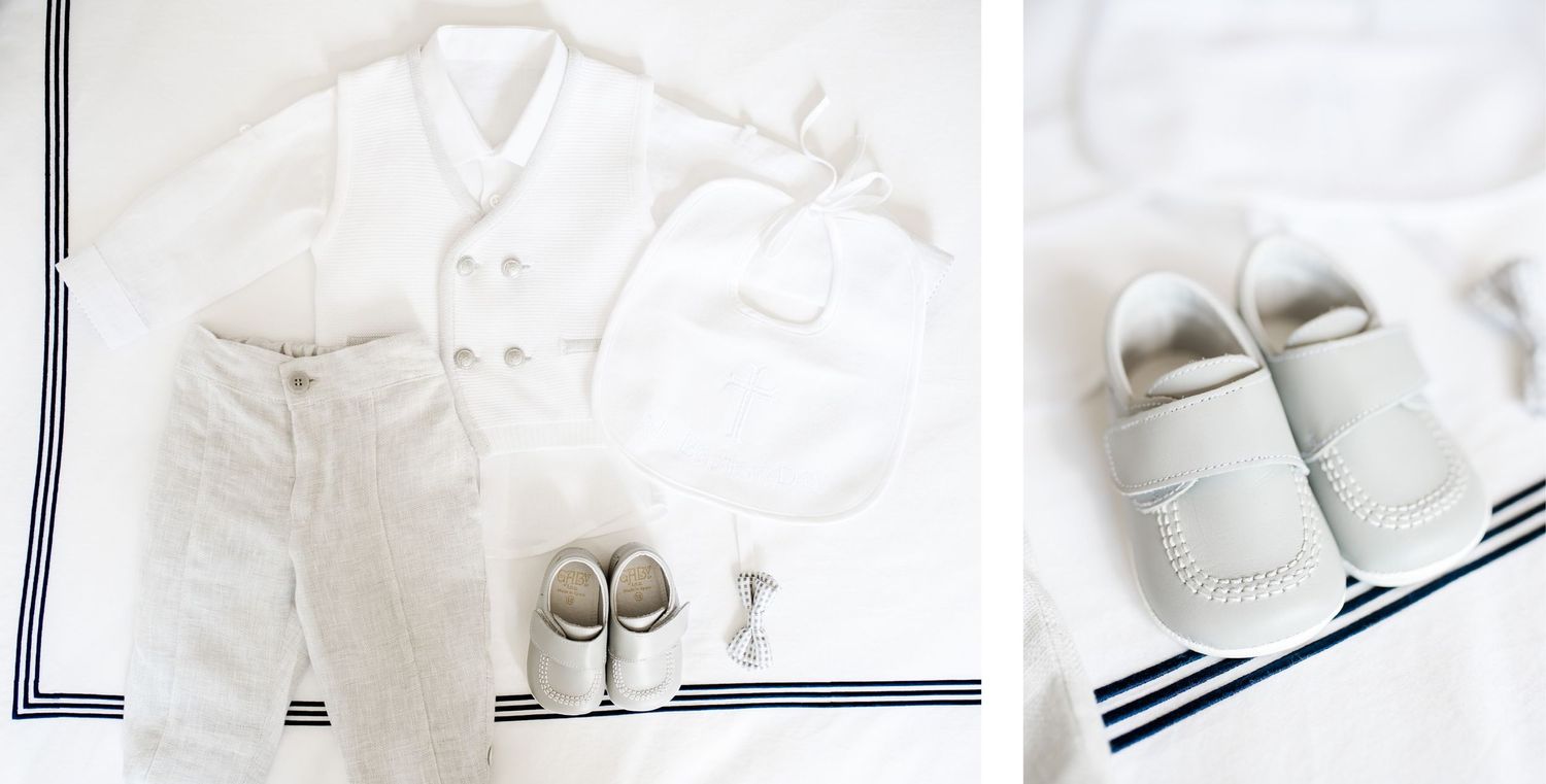 White baptismal outfit with shoes and accessories laid flat against white background.