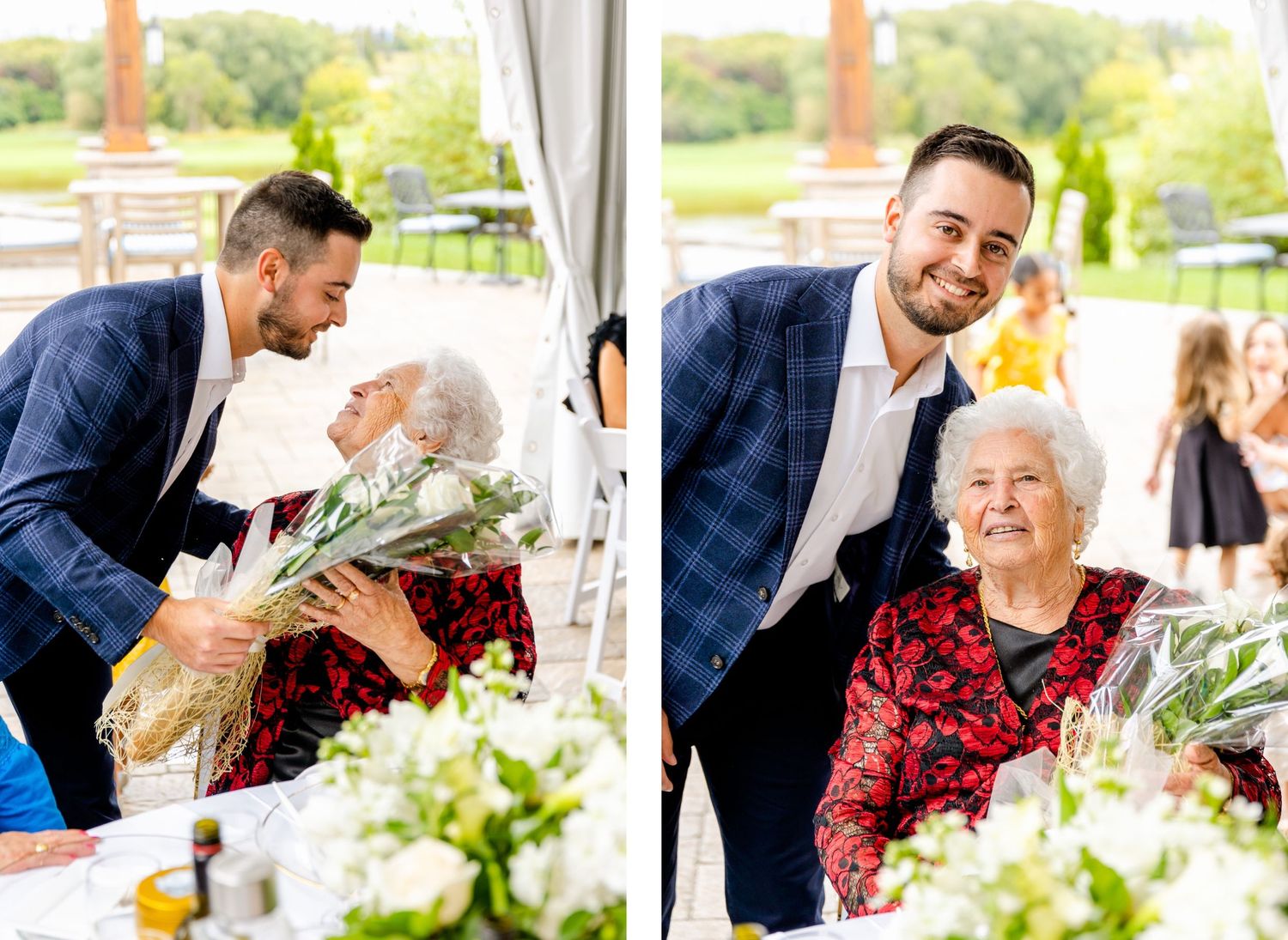 A joyful celebration with guests exchanging flowers under a white tent.