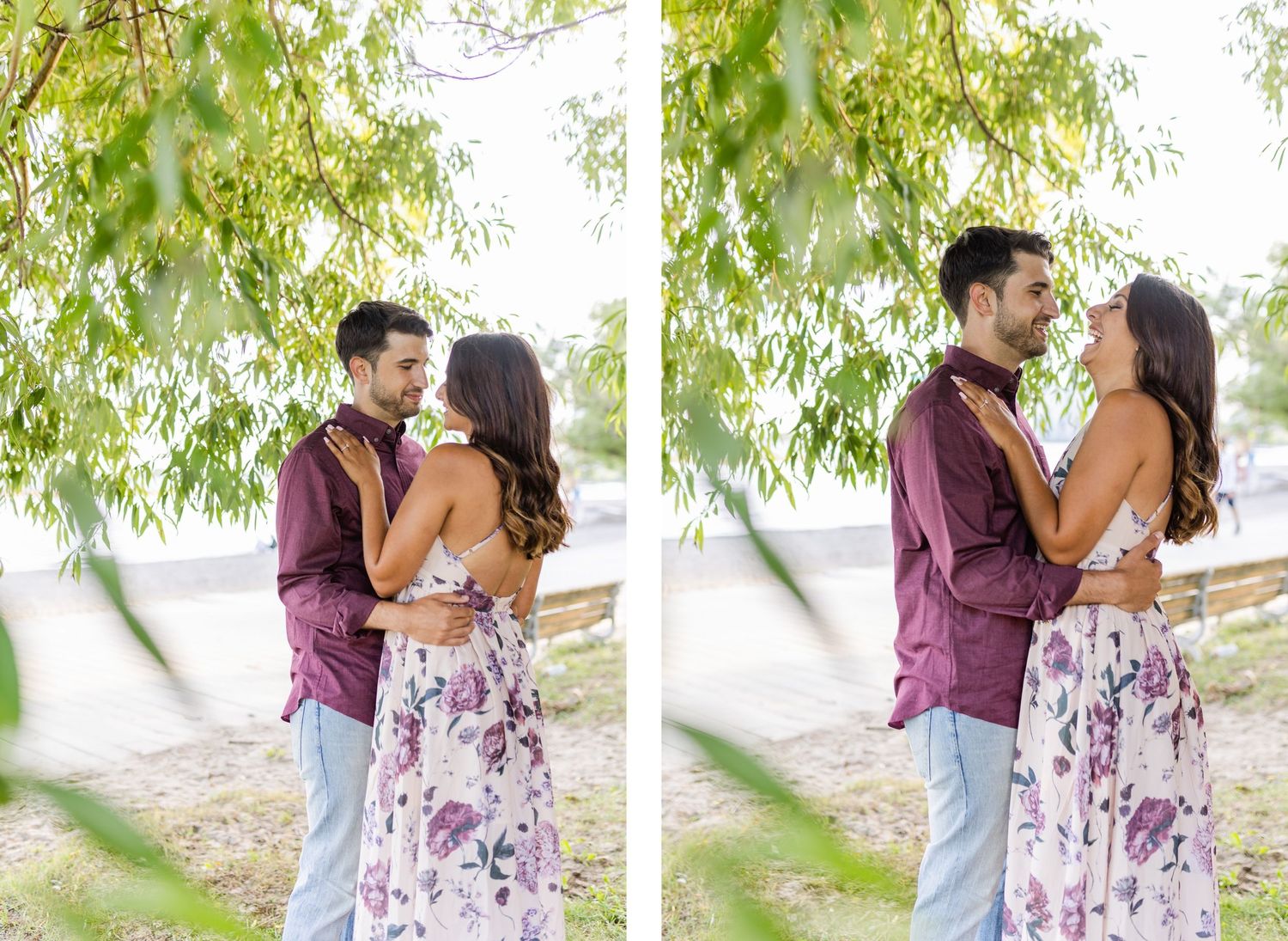 Sweet couple's moment captured under willow tree in natural lighting.