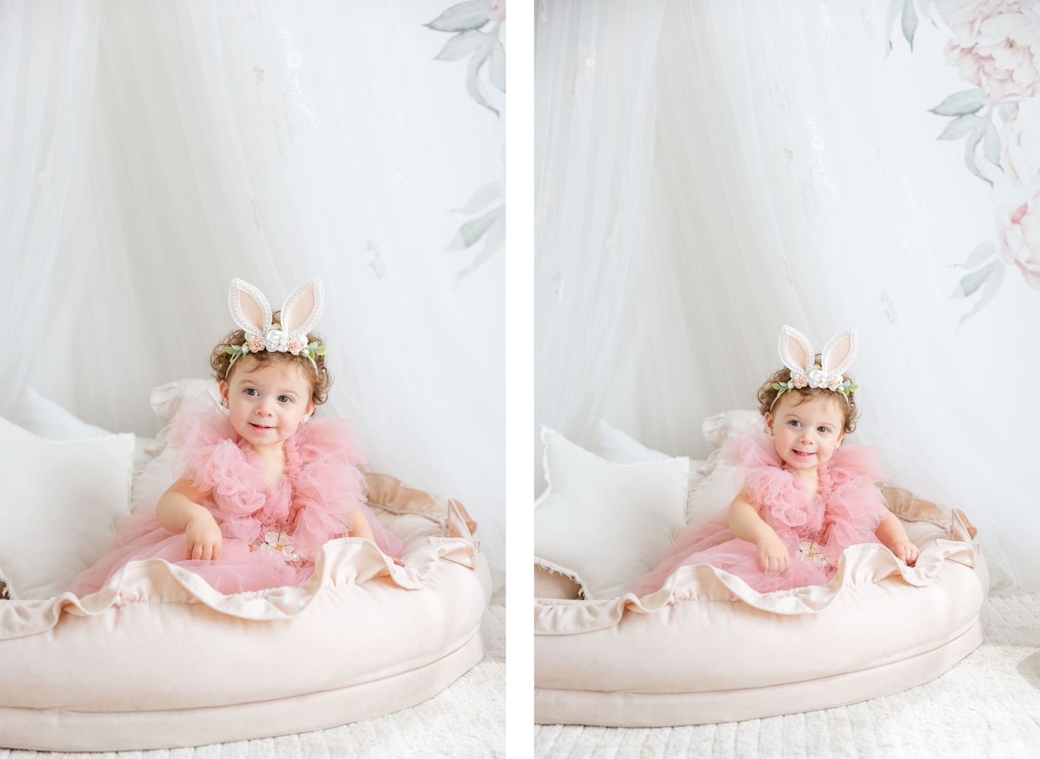 Two photos of a child in pink dress and bunny ear crown sitting on a round cushioned platform.
