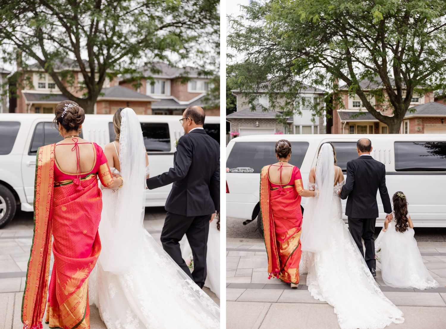 Wedding party members in red and black formal attire walking alongside a white limousine.