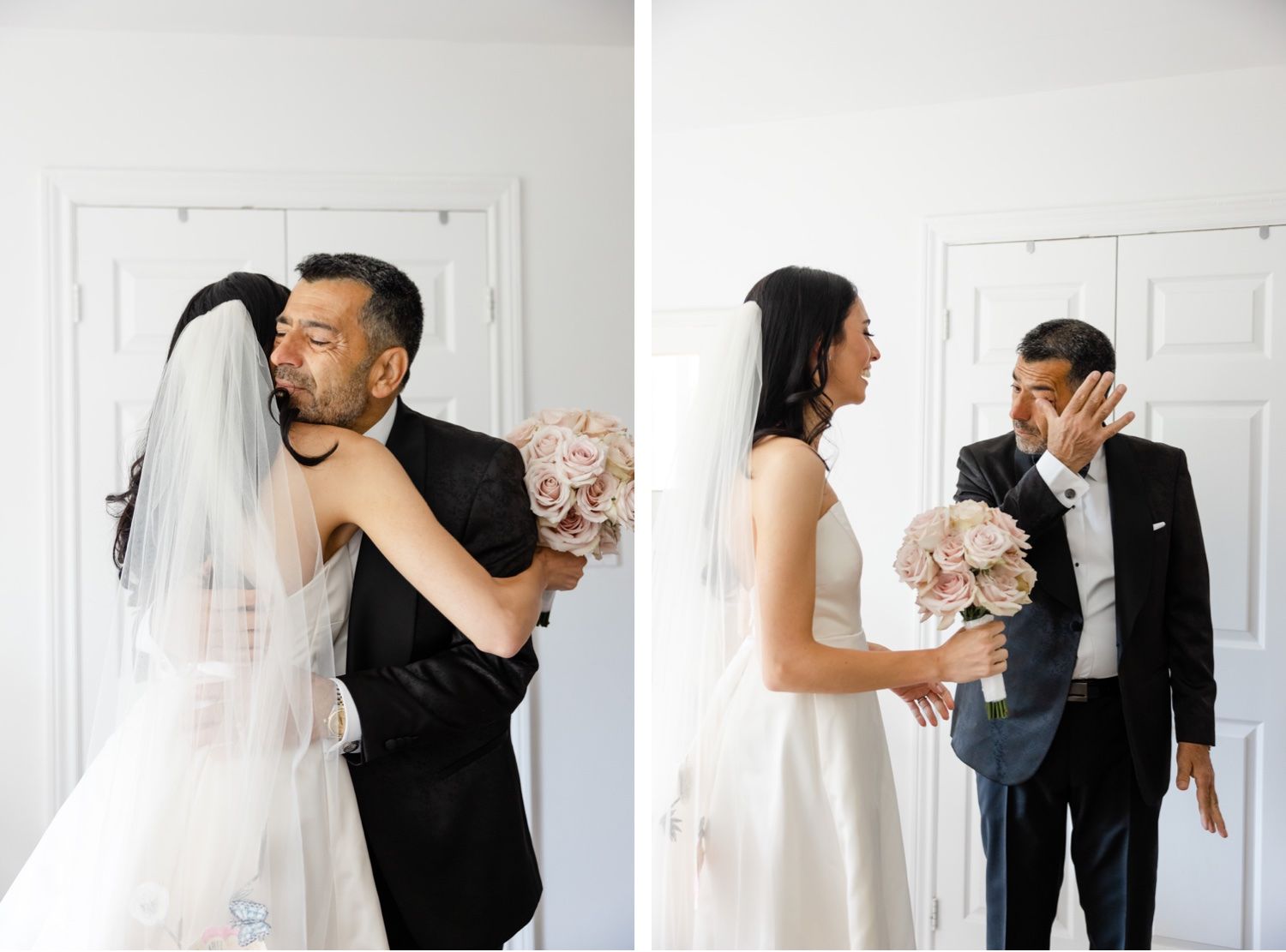 Joyful candid moments between couple on wedding day in white doorway.