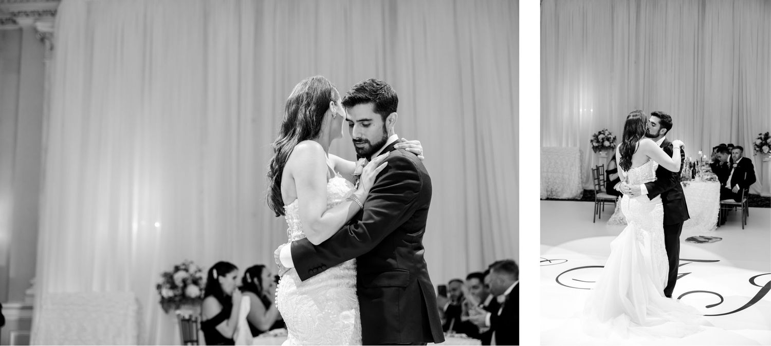 Wedding dance photos show tender moments between the couple in both color and black and white.