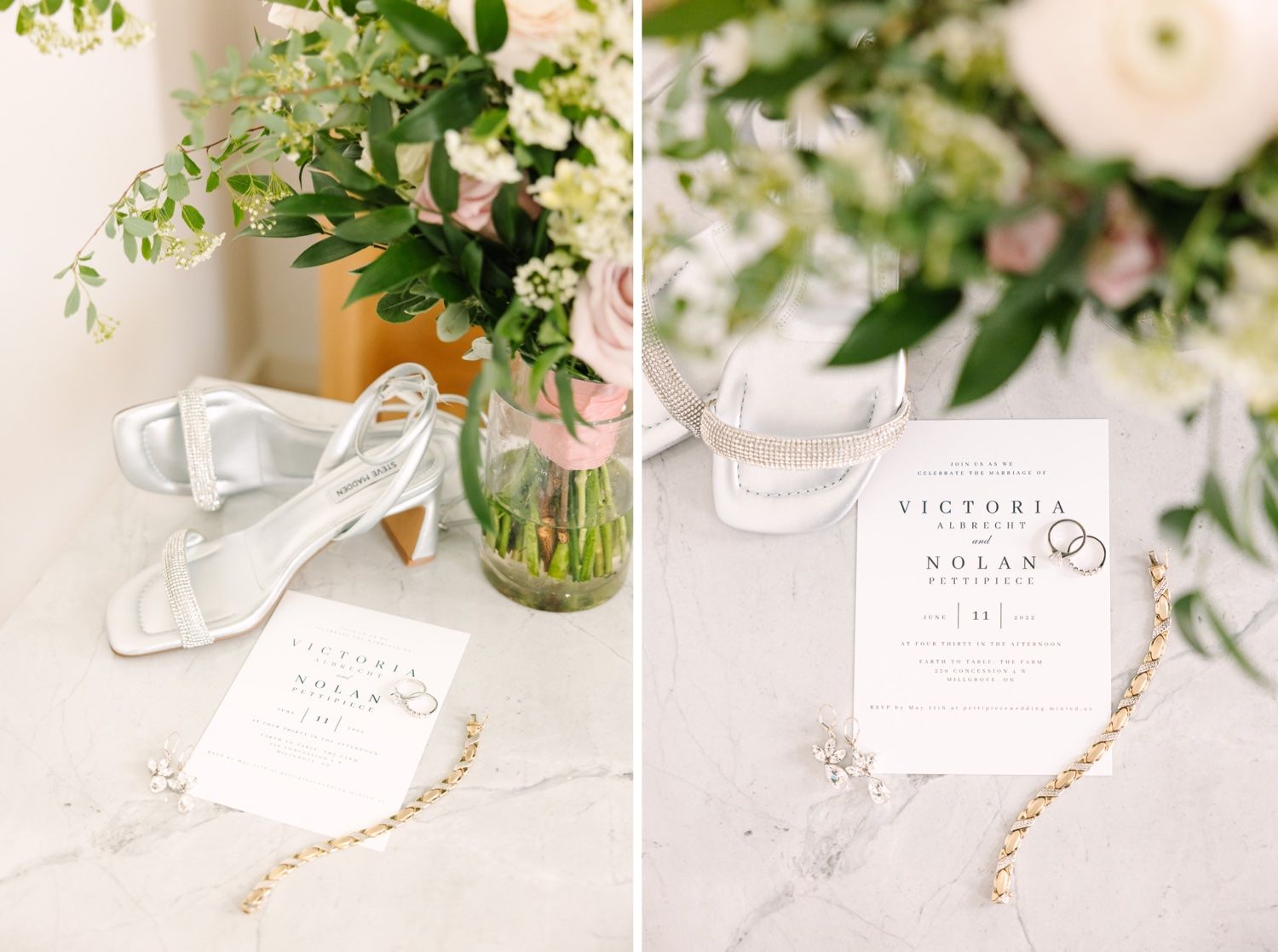 Wedding details with white shoes, floral decor and elegant invitation on marble surface.