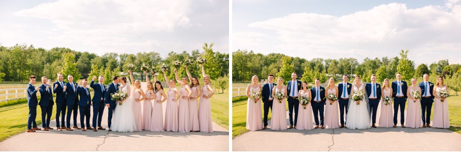 Side by side photos of groomsmen and bridesmaids posing separately at a sunny outdoor wedding venue.