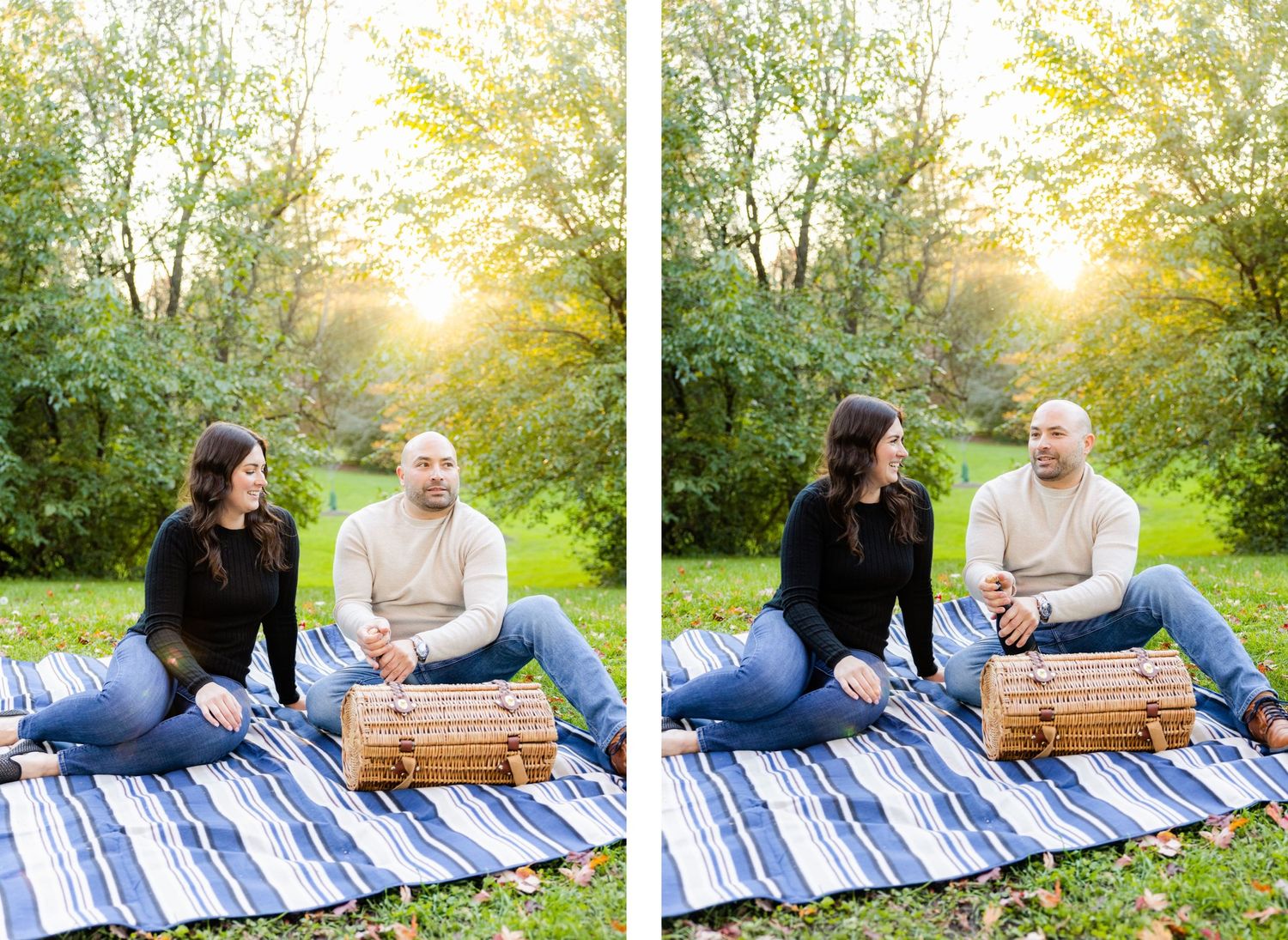 Couple enjoying outdoor photoshoot on striped blanket with picnic basket at sunset.