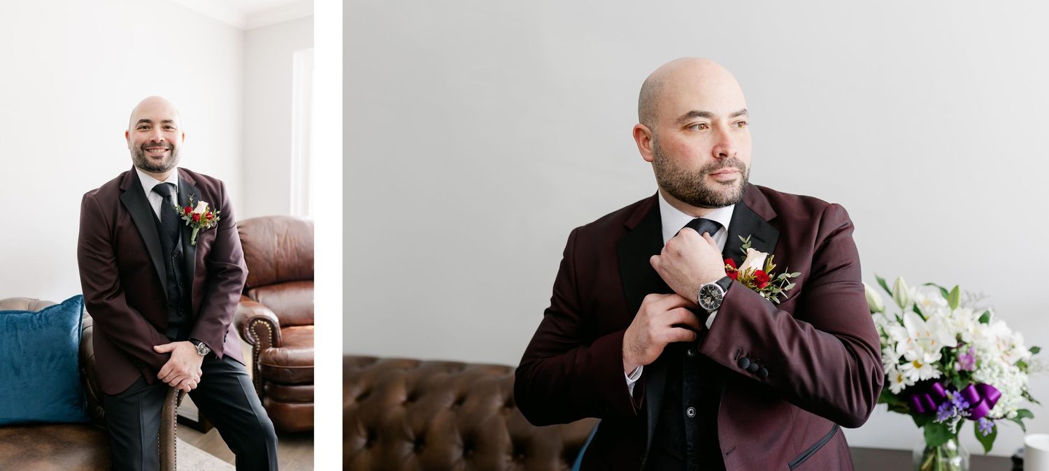 Split image of groom in burgundy suit posing on couch and adjusting tie.