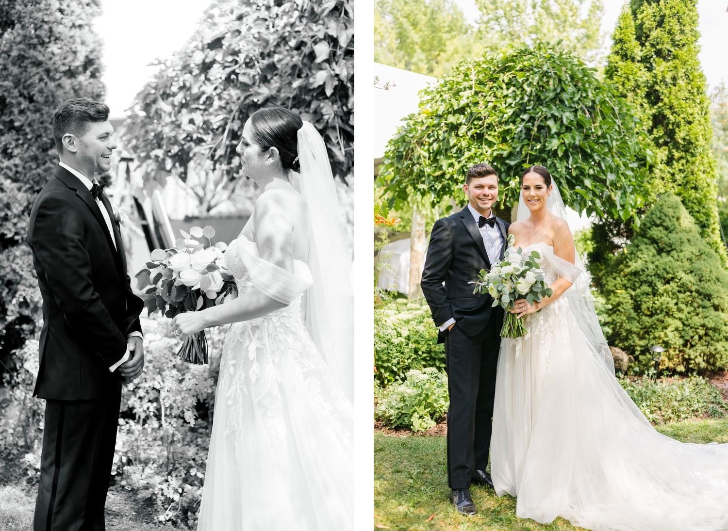 Side-by-side wedding photos showing couple's first look in color and black and white.