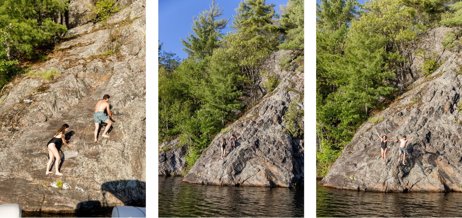 Three-photo sequence showing people climbing up a steep rocky cliff face by a lake.