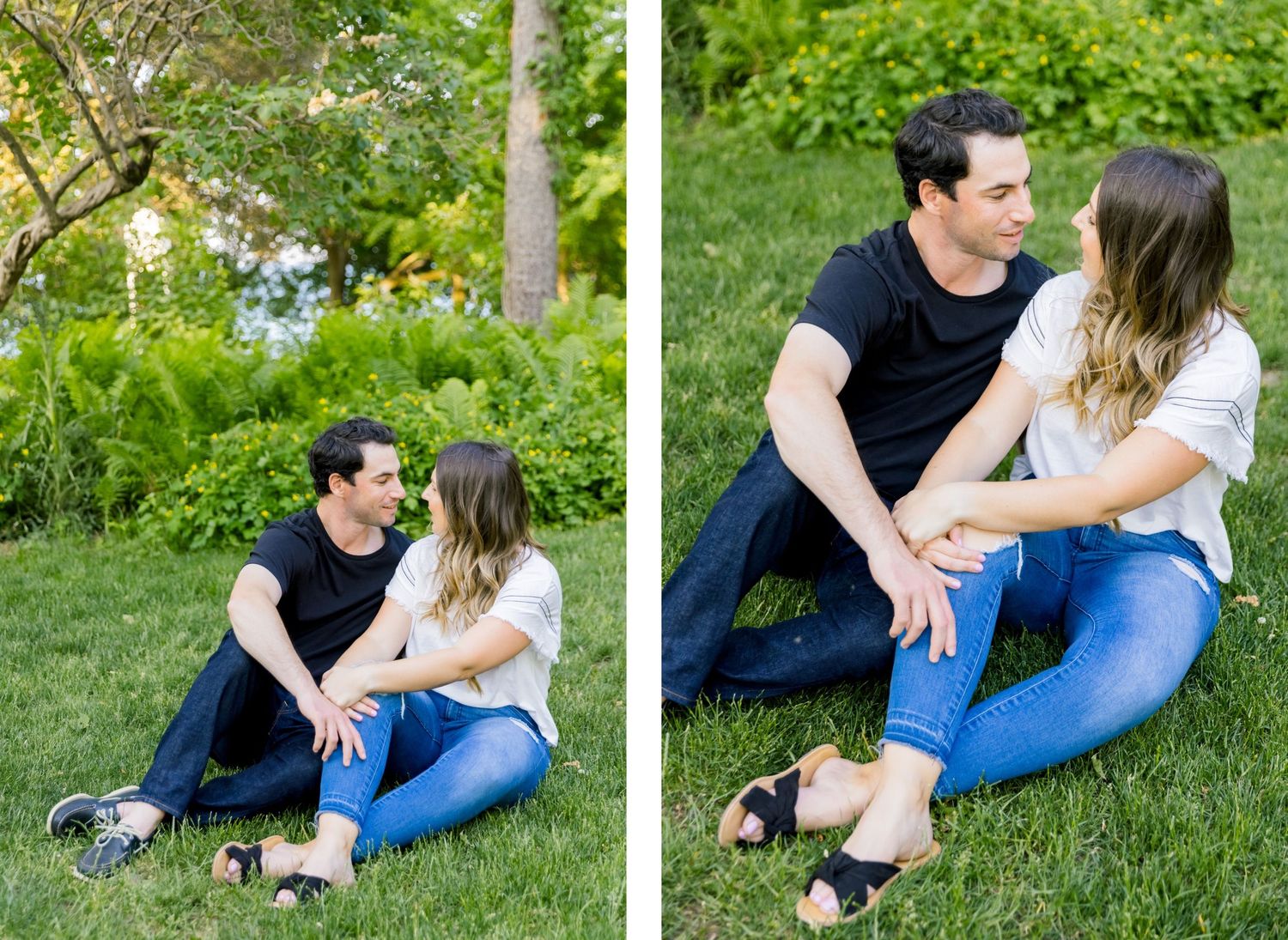 Side-by-side images showing a couple's casual moments together in a park.